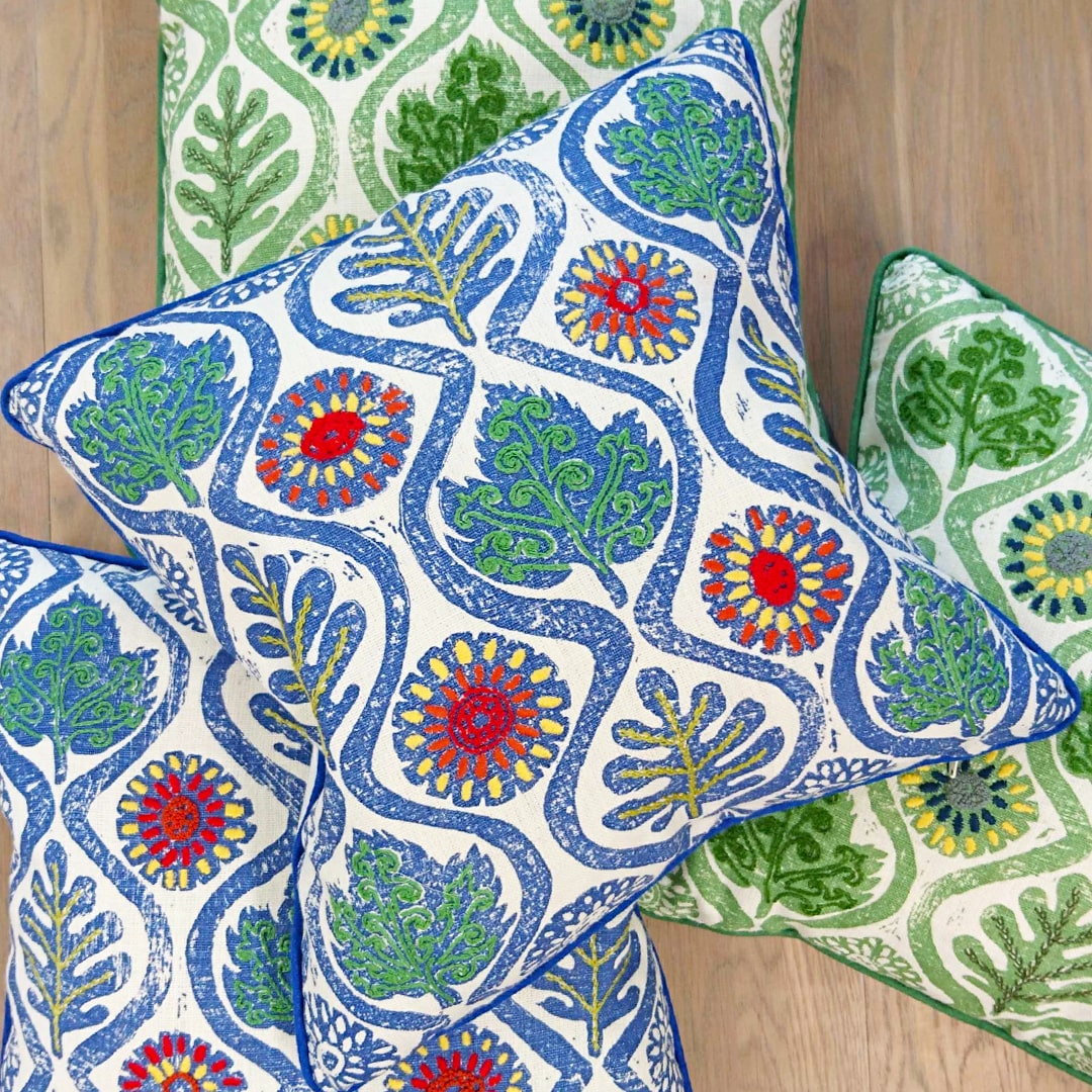 Blithfield Kit Kemp Peggy Angus New Collection Hand Embroidered Linen Cushion Blue Green Red Yellow