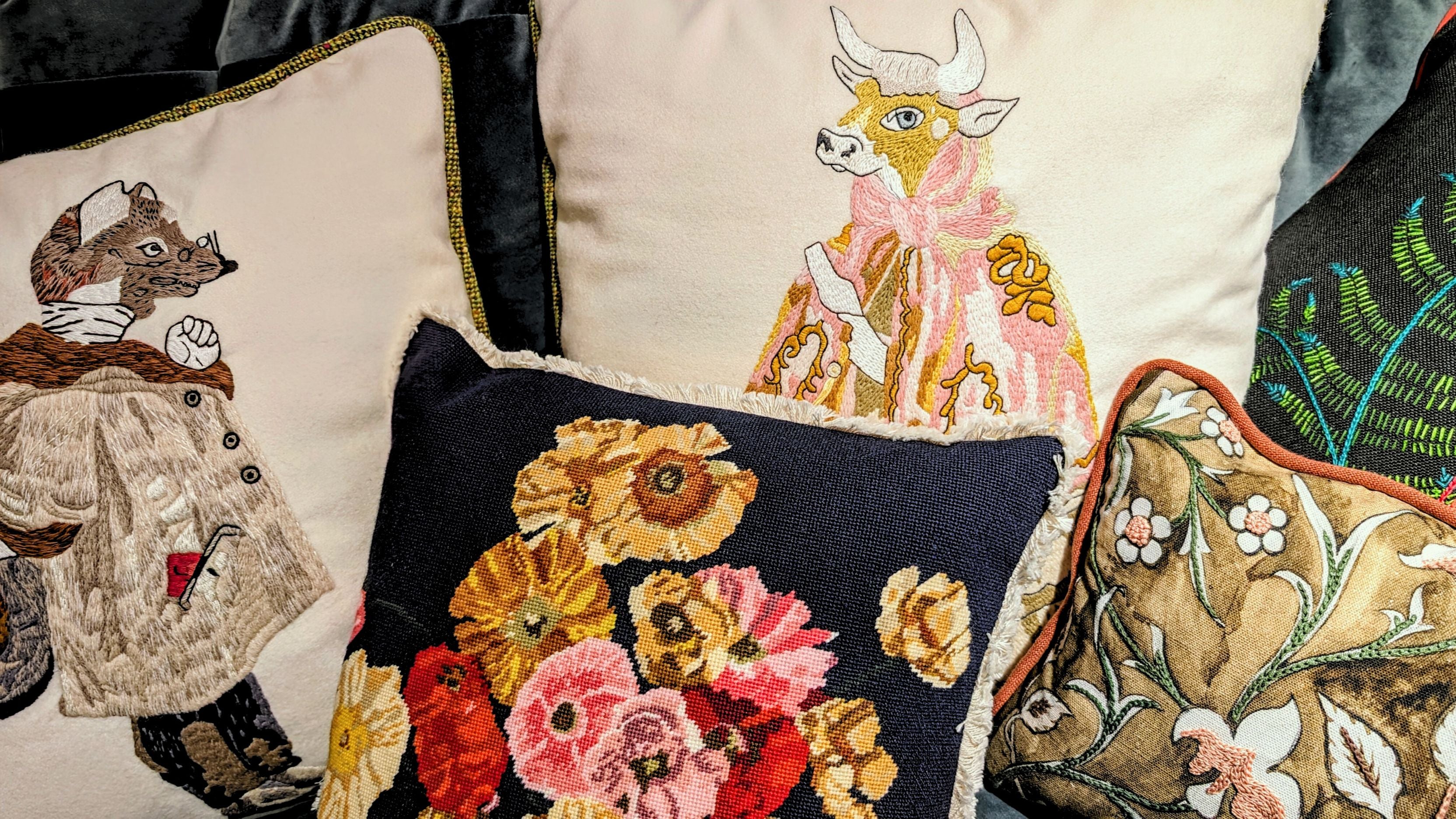 Fine Cell Work Handmade in Prison Flora and Fauna Cushion Collection Hand Embroidered Animaux Animals Cockerel Lioness Duck