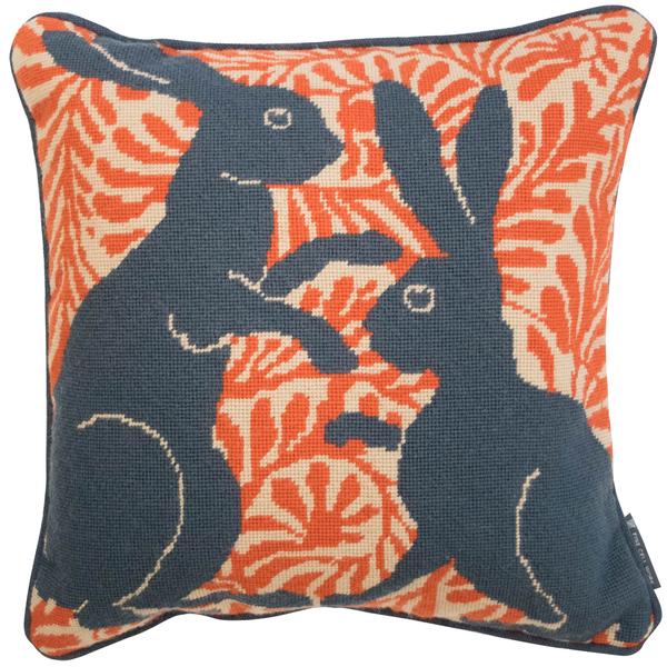 De Morgan Hares Needlepoint Handmade Cushion Orange Fine Cell Work