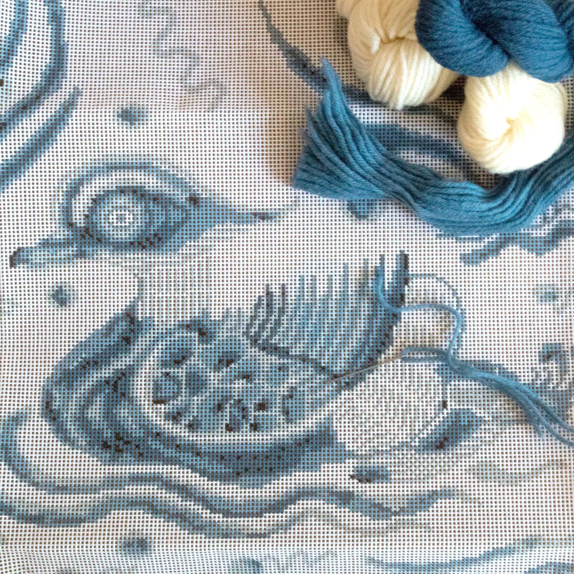 Fine Cell Work Blue Duck Wool Needlepoint Tapestry Cushion Kit Left Facing