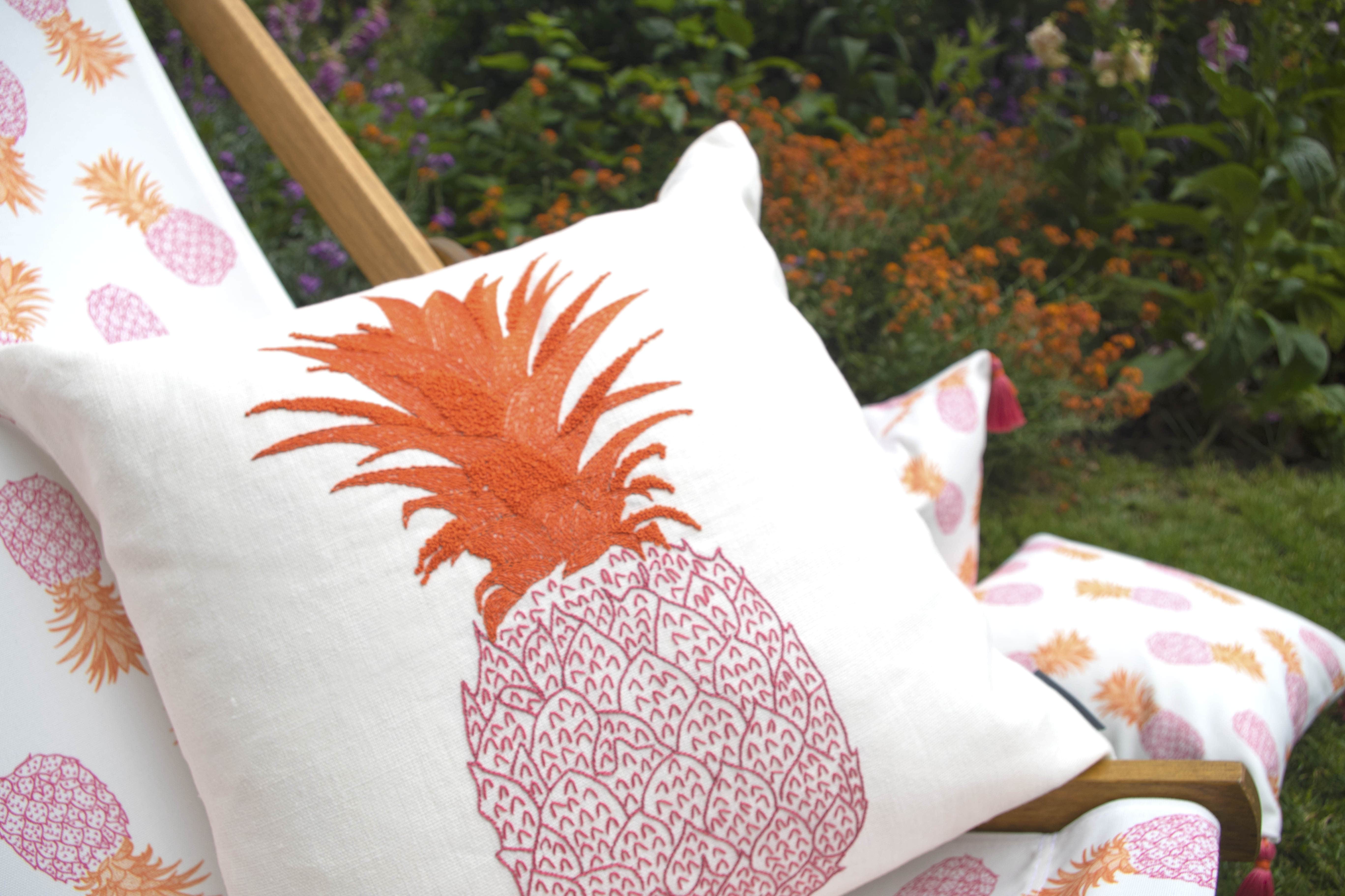 Fine Cell Work Melissa Wyndham Pineapple Collection Tropical Summer Wooden Garden Deckchair Pink Orange Fruit