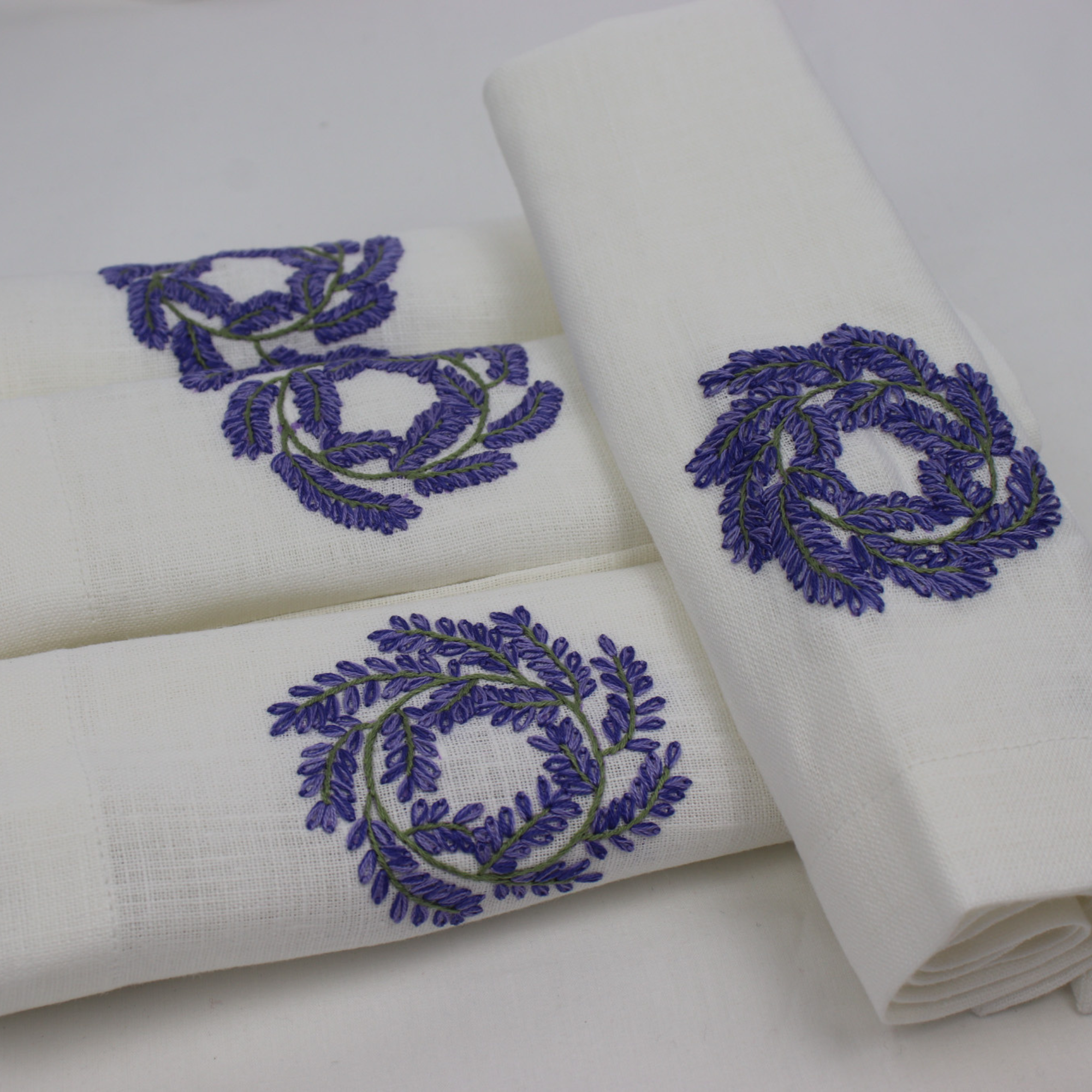Set of 4 Hand-Embroidered Lavender Linen Table Napkins