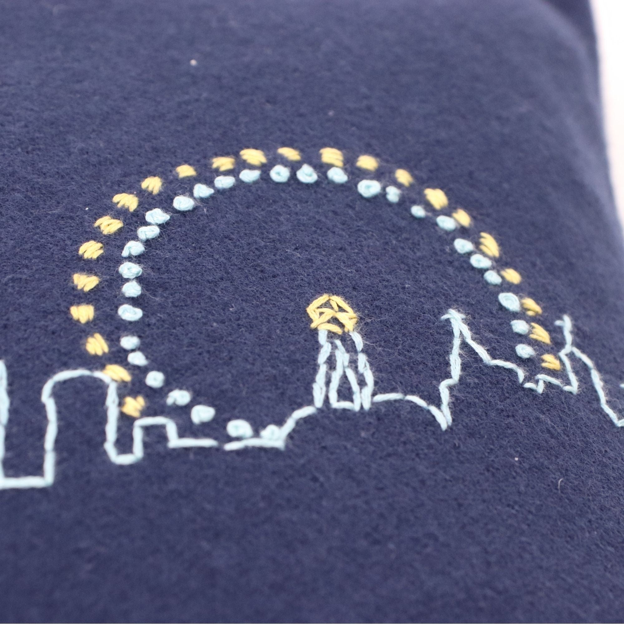 Embroidered London Skyline Cushion Blue