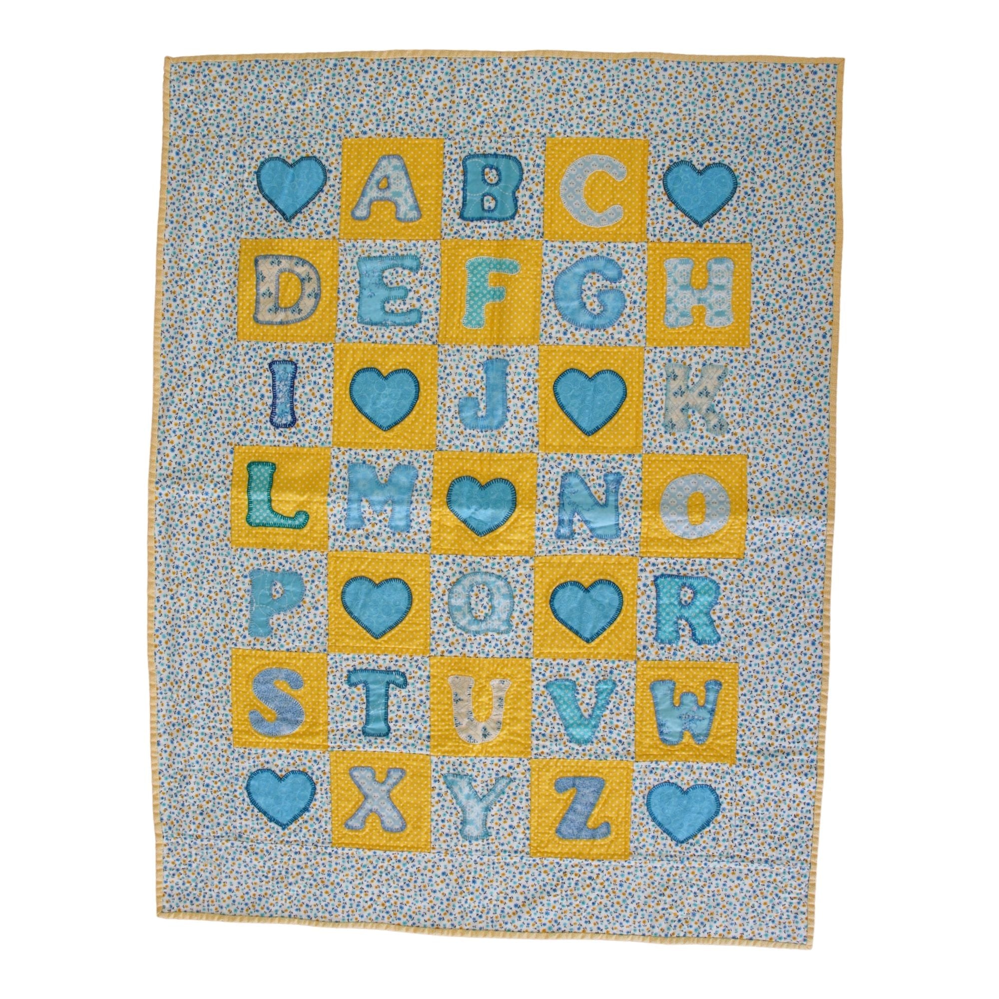 Children's Handmade 'Blue and Yellow Hearts' Quilt