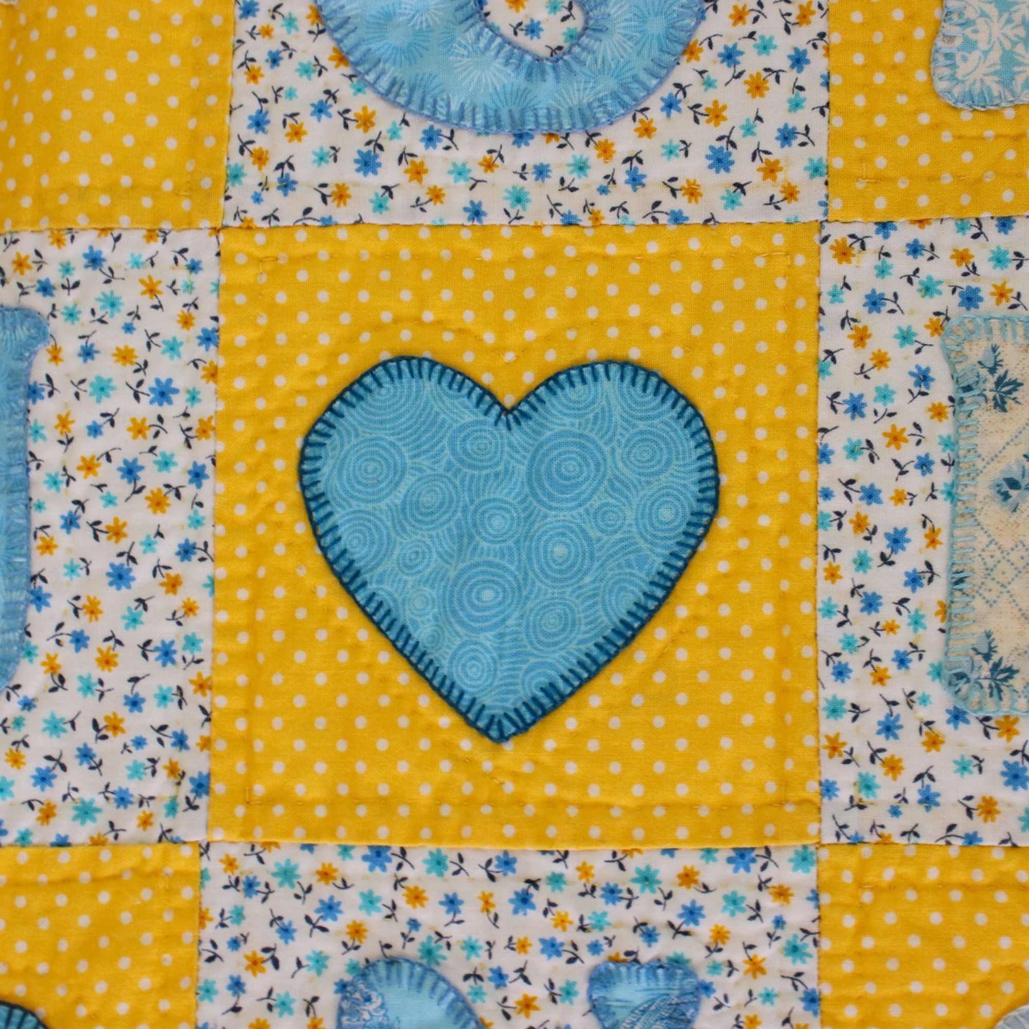 Children's Handmade 'Blue and Yellow Hearts' Quilt