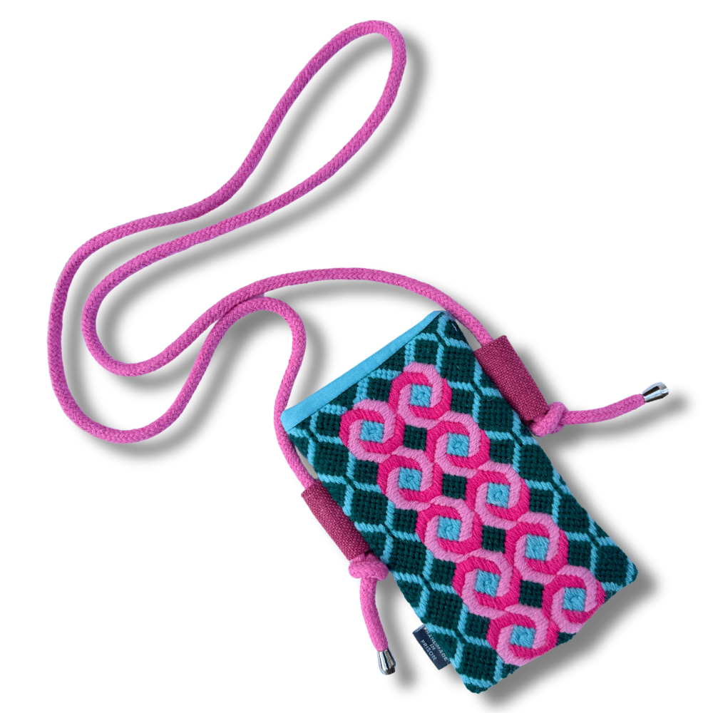 Florentine Needlepoint Phone Bag - Pink & Teal