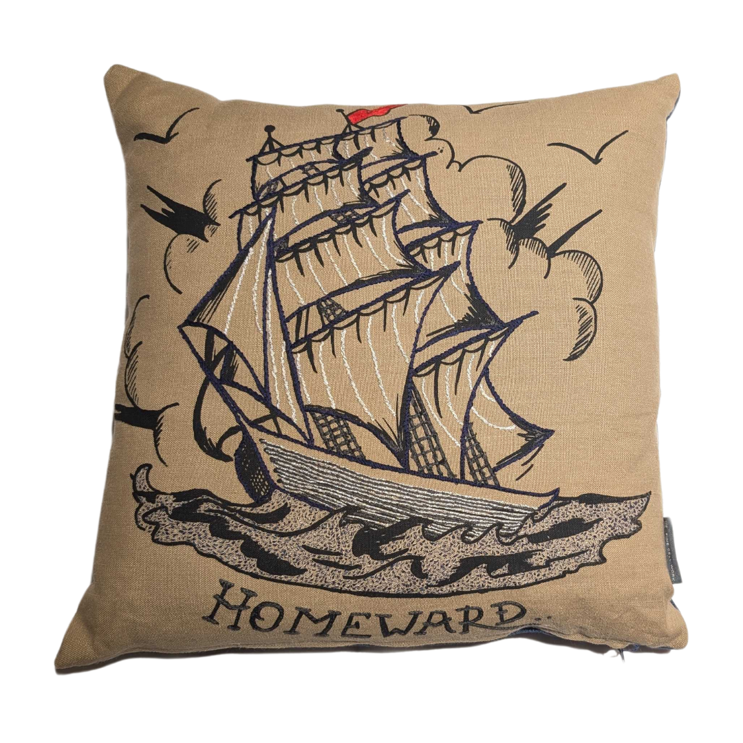Ship Hand-Embroidered Cushion