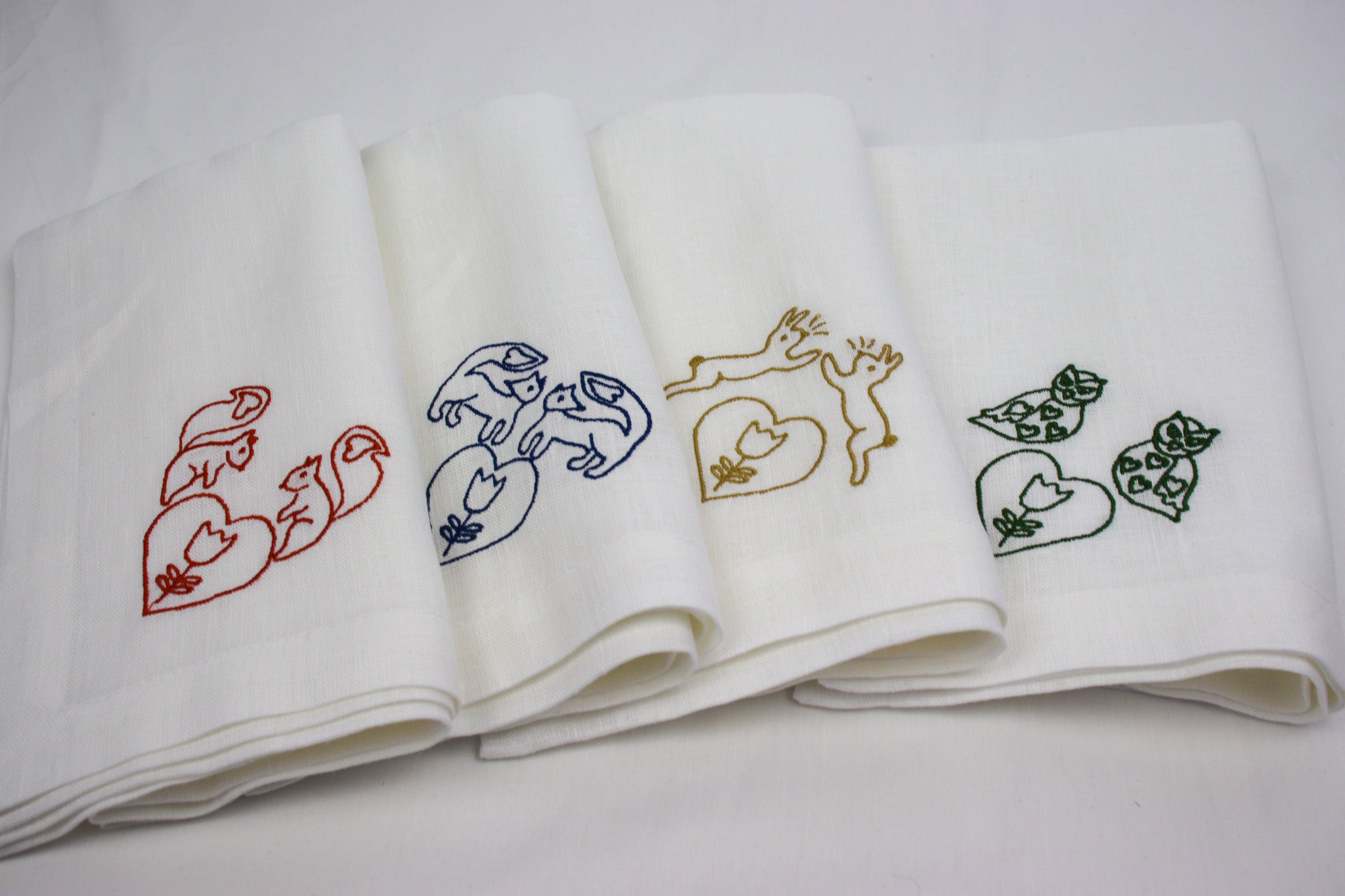 Folklore Animals Embroidered Linen Napkins Set of 4
