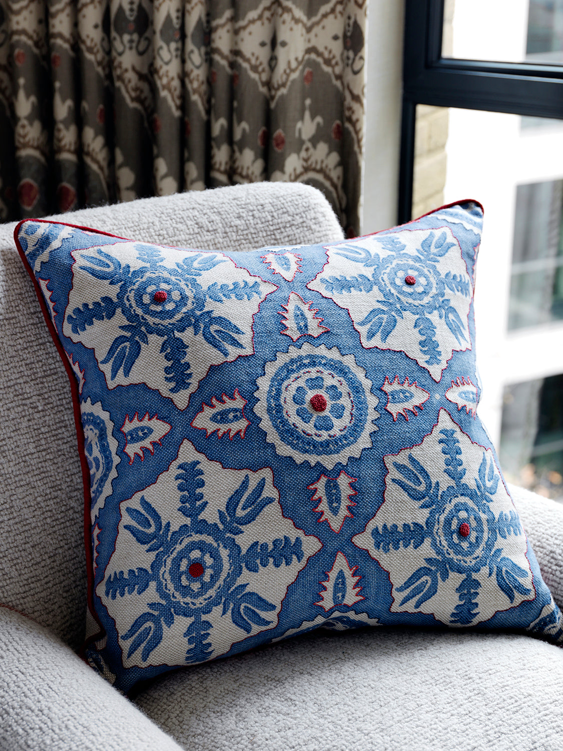 Hand-Embroidered Blithfield Kit Kemp Melissa Wyndham for Fine Cell Work Rossmore Blue Linen Cushion
