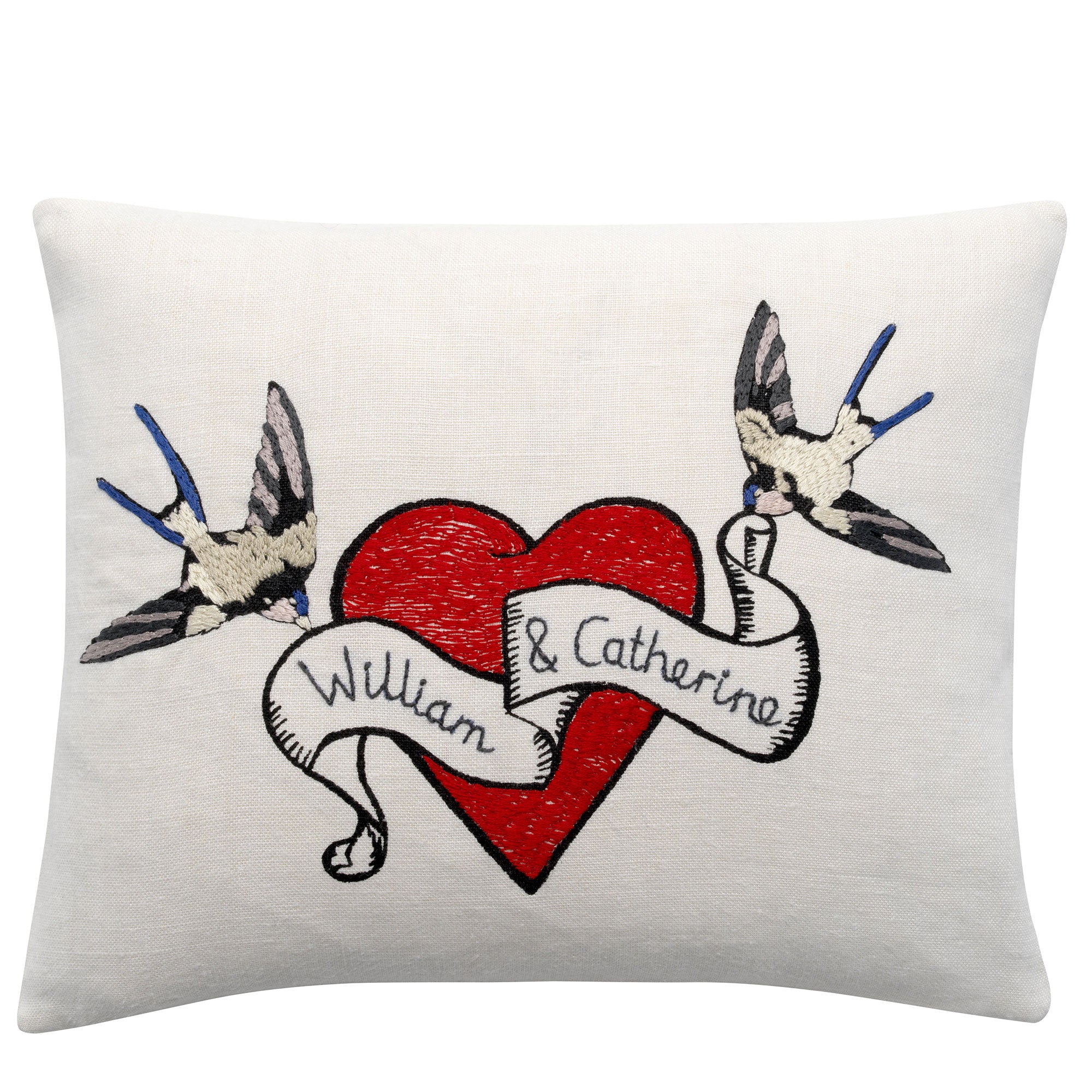William and Catherine Embroidered Heart & Birds cushion