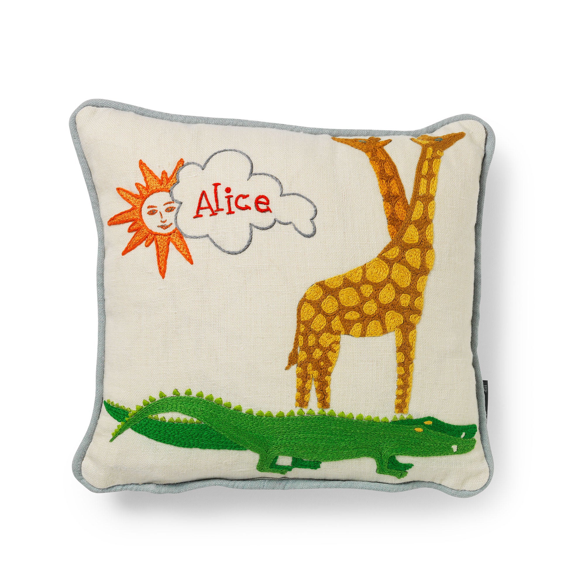 handstitched customised and personalised childrens crocodile cushion with name embroidered on
