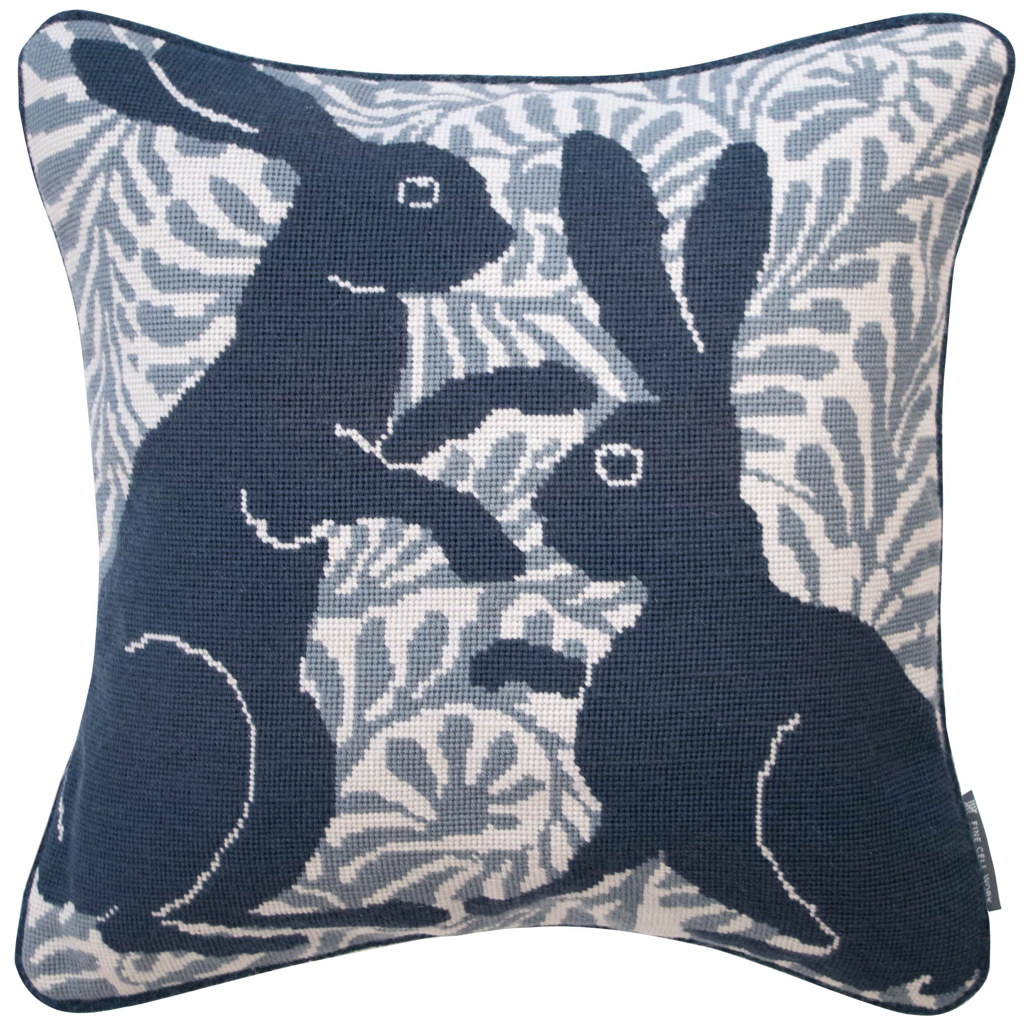 De Morgan Hares Needlepoint Handmade Cushion Blue Grey Fine Cell Work