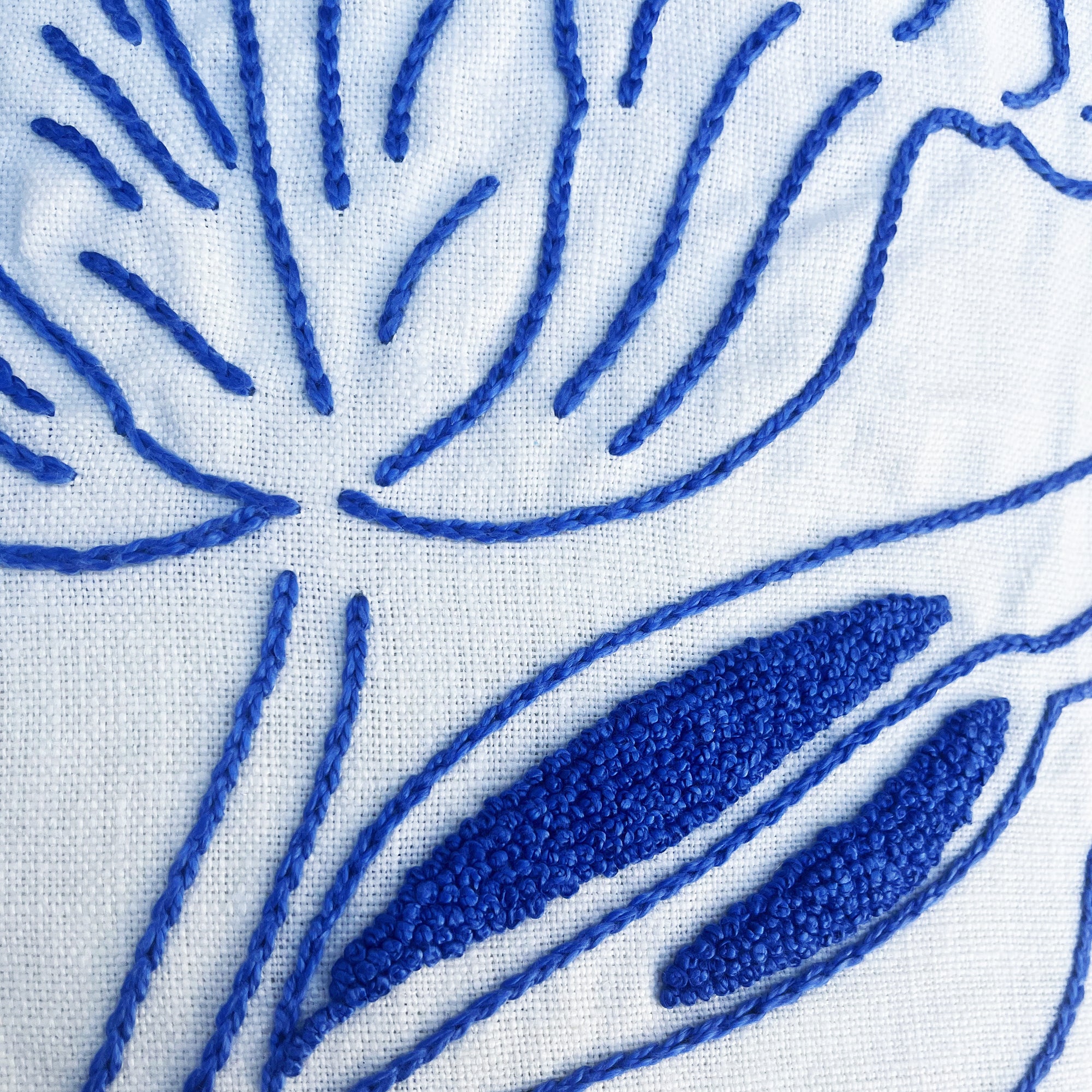 Tulip Embroidered Linen Cushion Blue and White