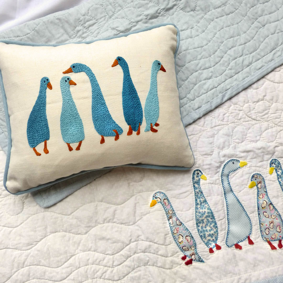 Ducks in a Row Embroidered Cushion Blue