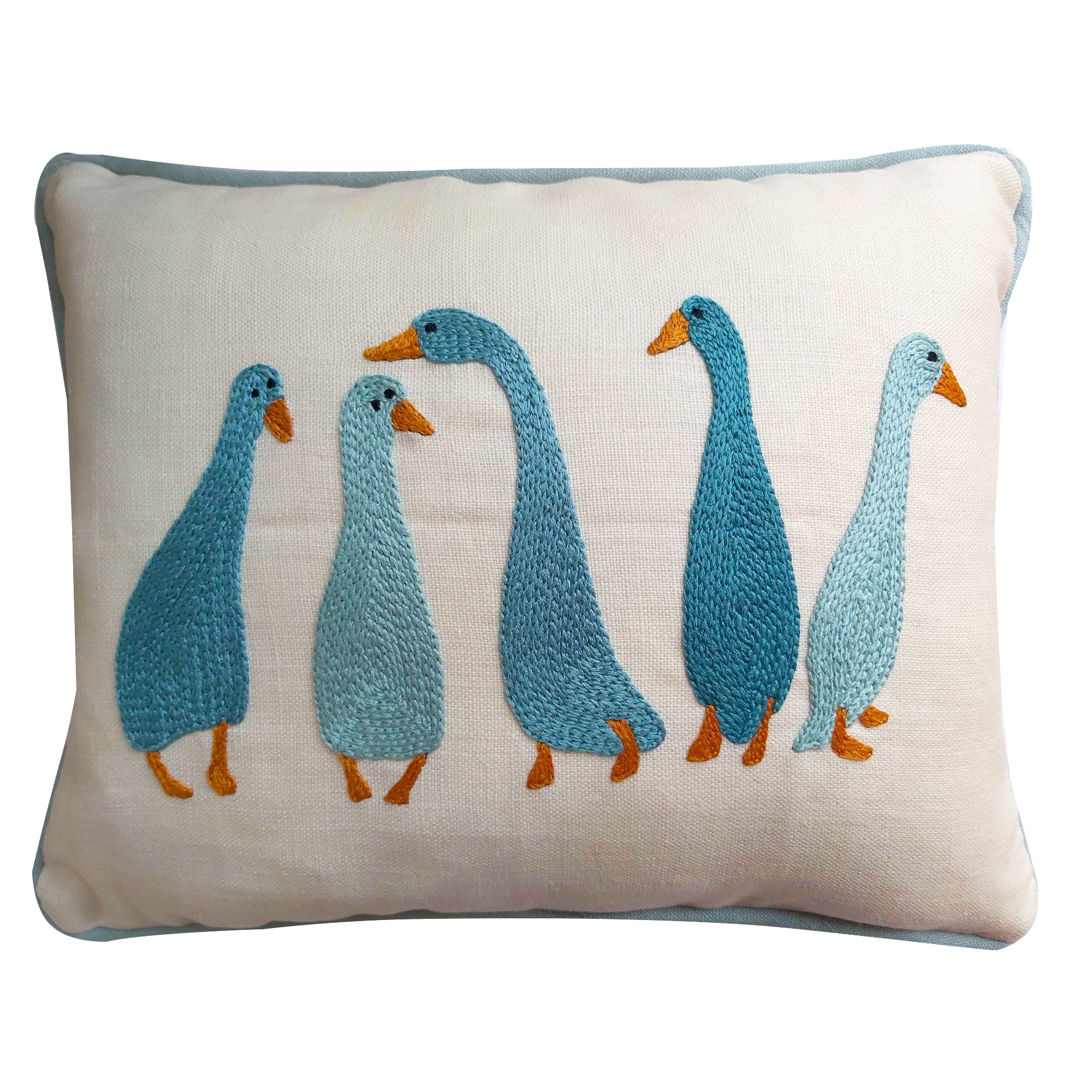 Ducks in a Row Embroidered Cushion Blue