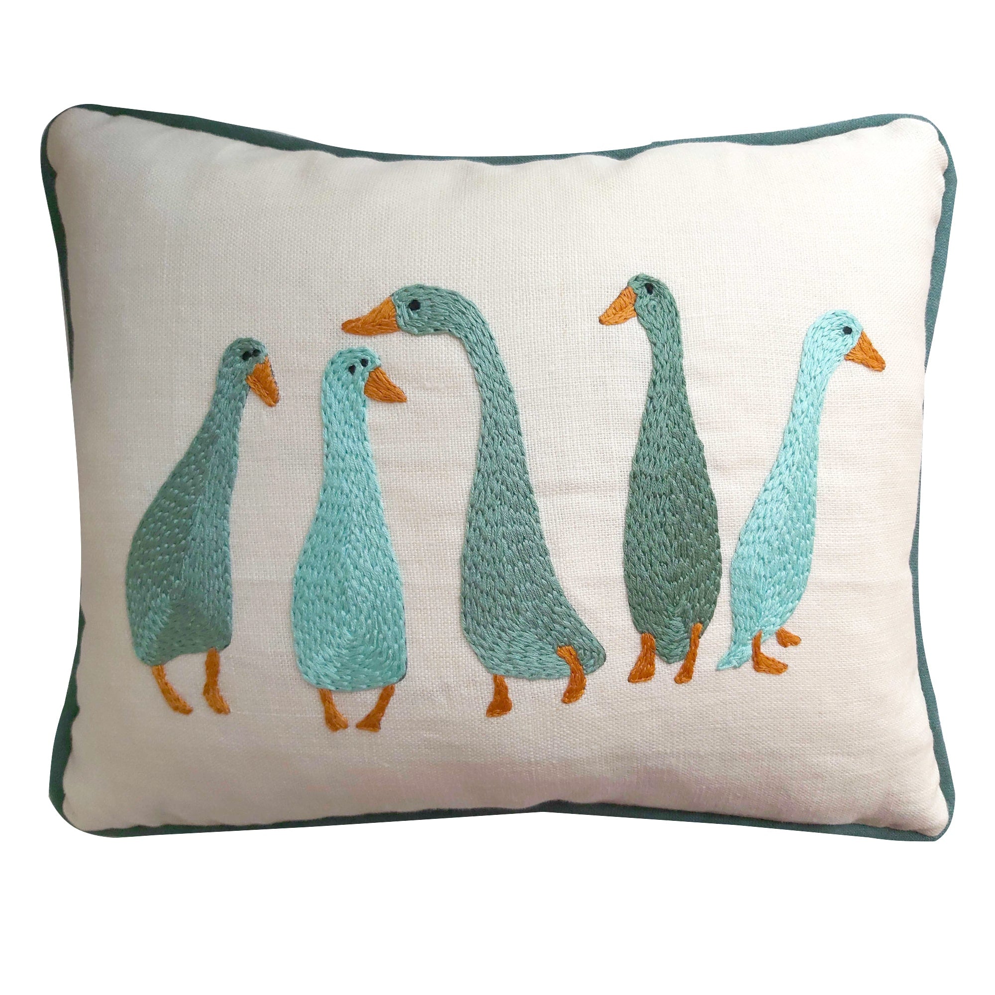 Ducks in a Row Embroidered Cushion Green