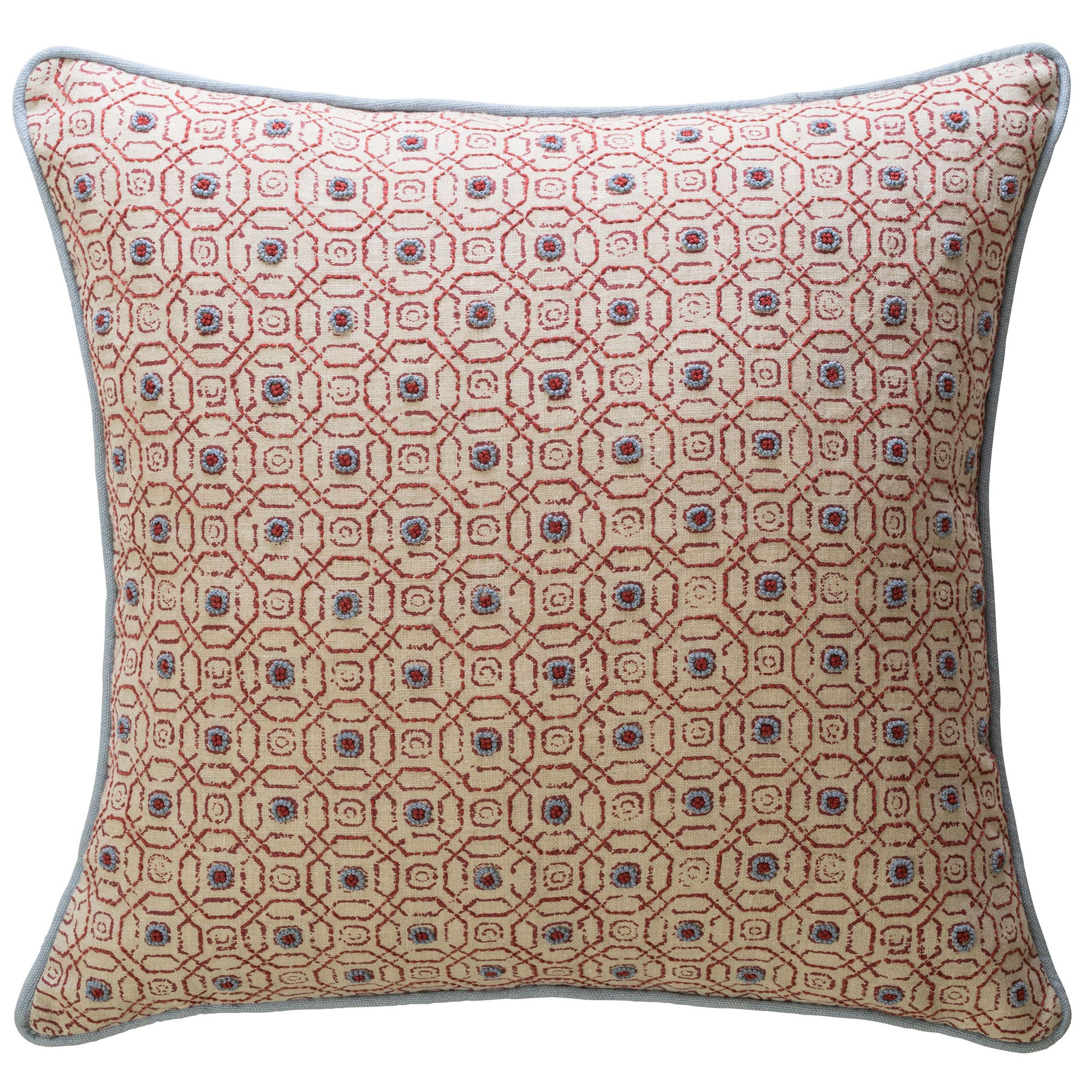 Hand-Embroidered Blithfield Stratford Red Chilli Linen Blue Cushion Fine Cell Work