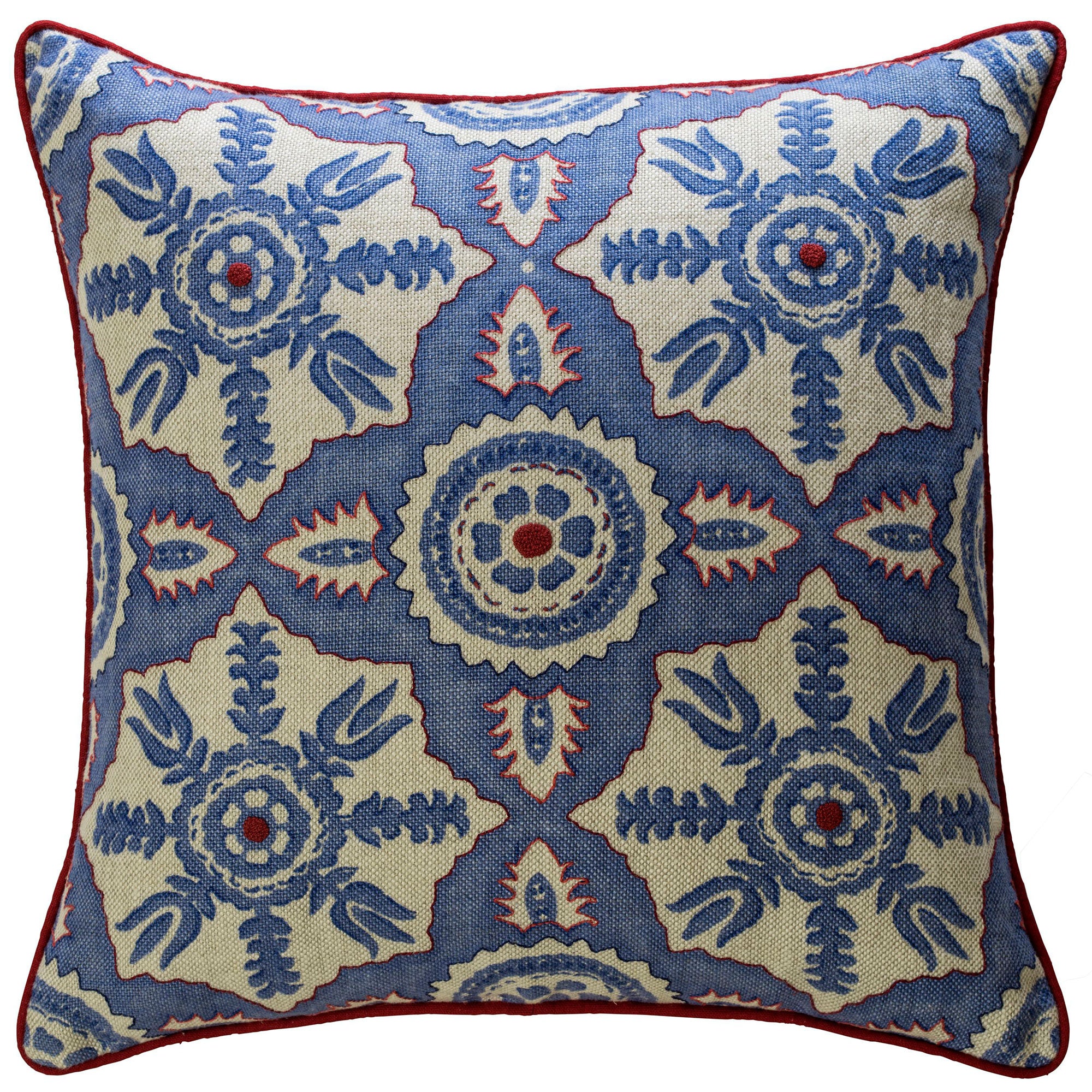 Hand-Embroidered Blithfield Kit Kemp Melissa Wyndham for Fine Cell Work Rossmore Blue Linen Cushion