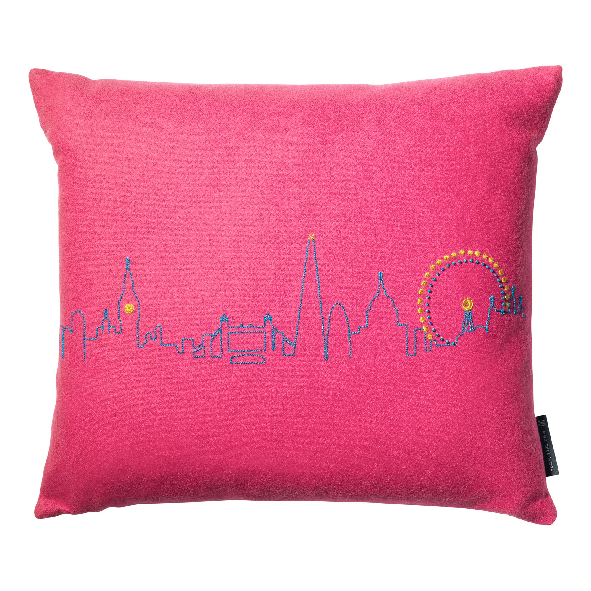 Embroidered London Skyline Cushion Pink Fine Cell Work