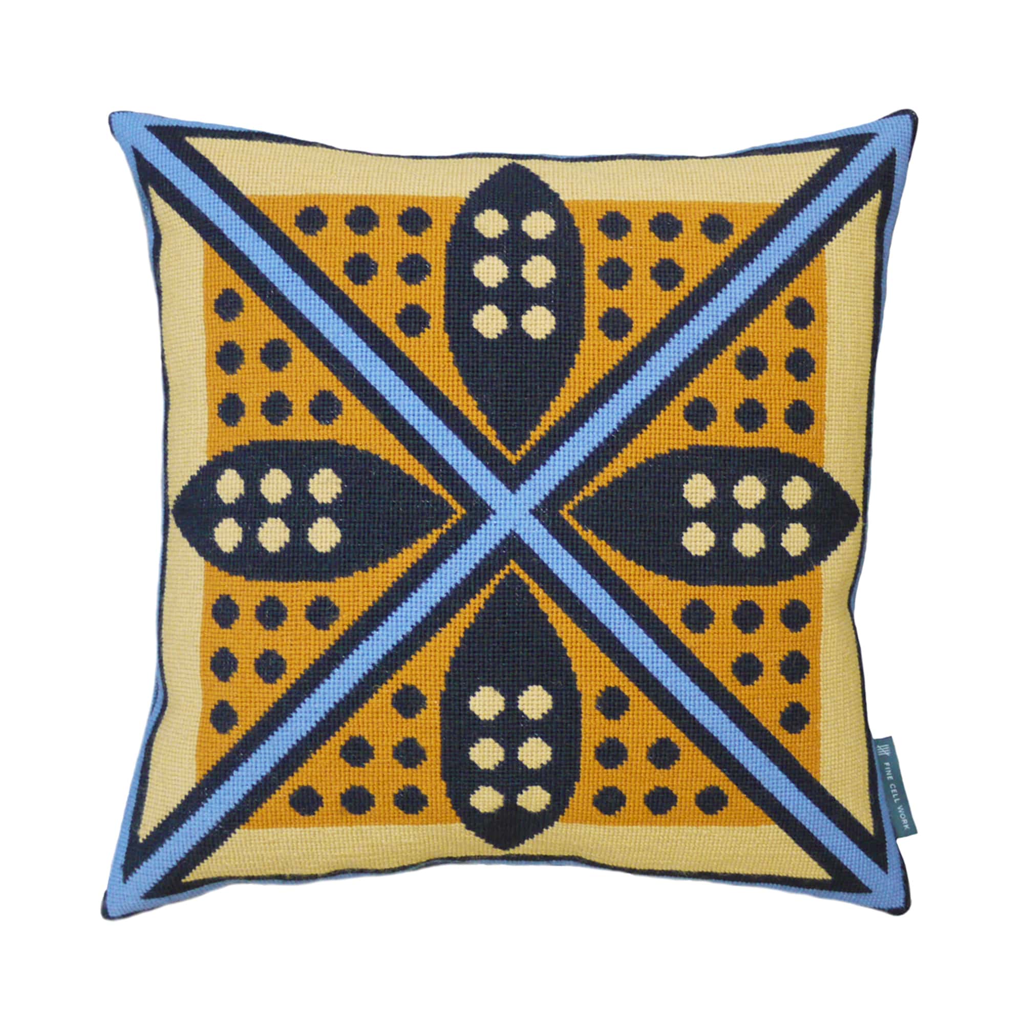 Fine Cell Work Cressida Bell Shield Wool Hand Stitched Cushion Blue Orange Yellow Black Handmade in Prison