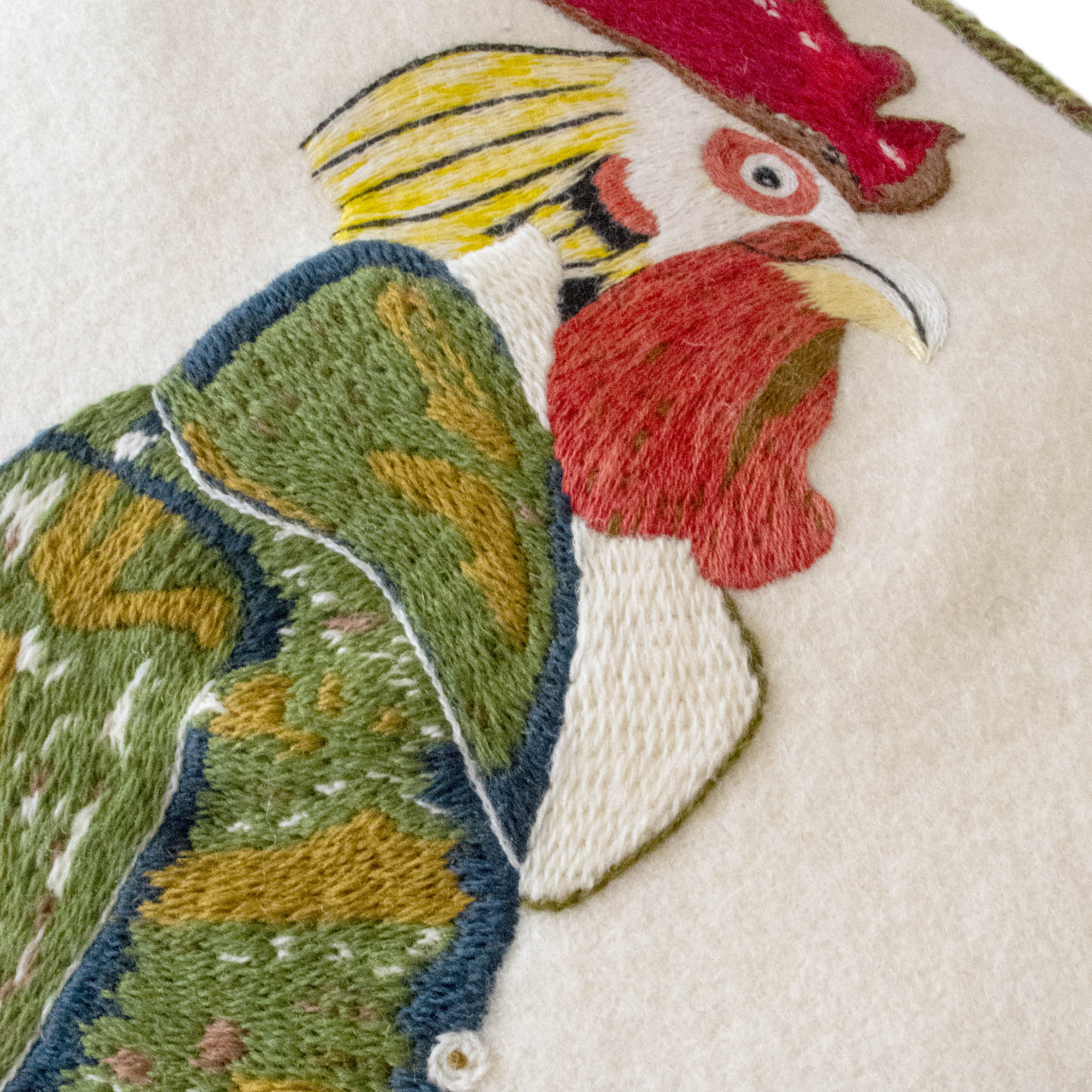 Animaux Hand-Embroidered Cockerel Chicken Wool Cream Green Cushion Fine Cell Work Handmade in Prison