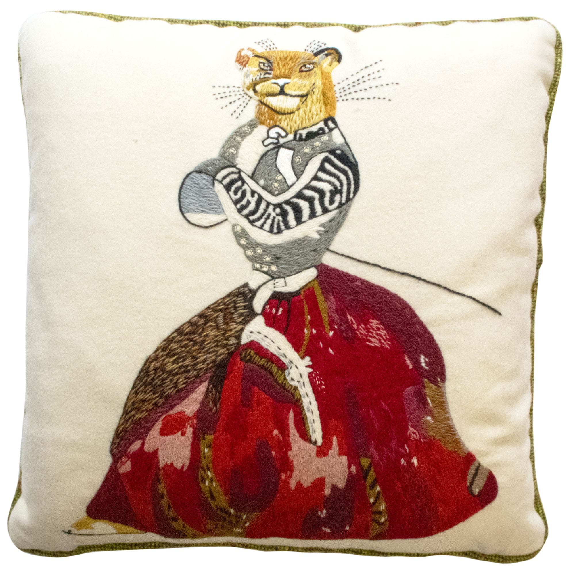 Animaux Hand-Embroidered Lioness Wool Cream Red Cushion Fine Cell Work Handmade in Prison