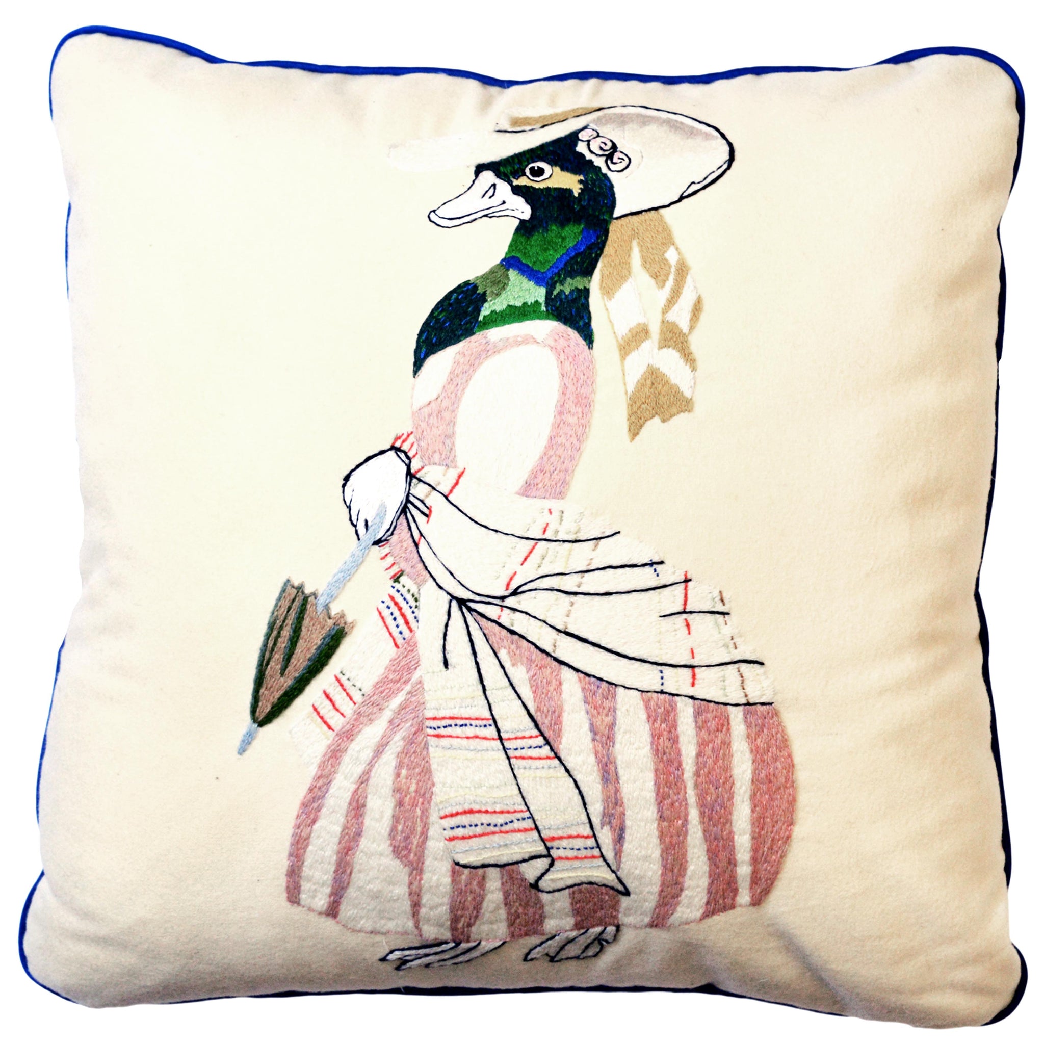 Animaux Hand-Embroidered Duck Wool Cream Green Pink Cushion Fine Cell Work Handmade in Prison