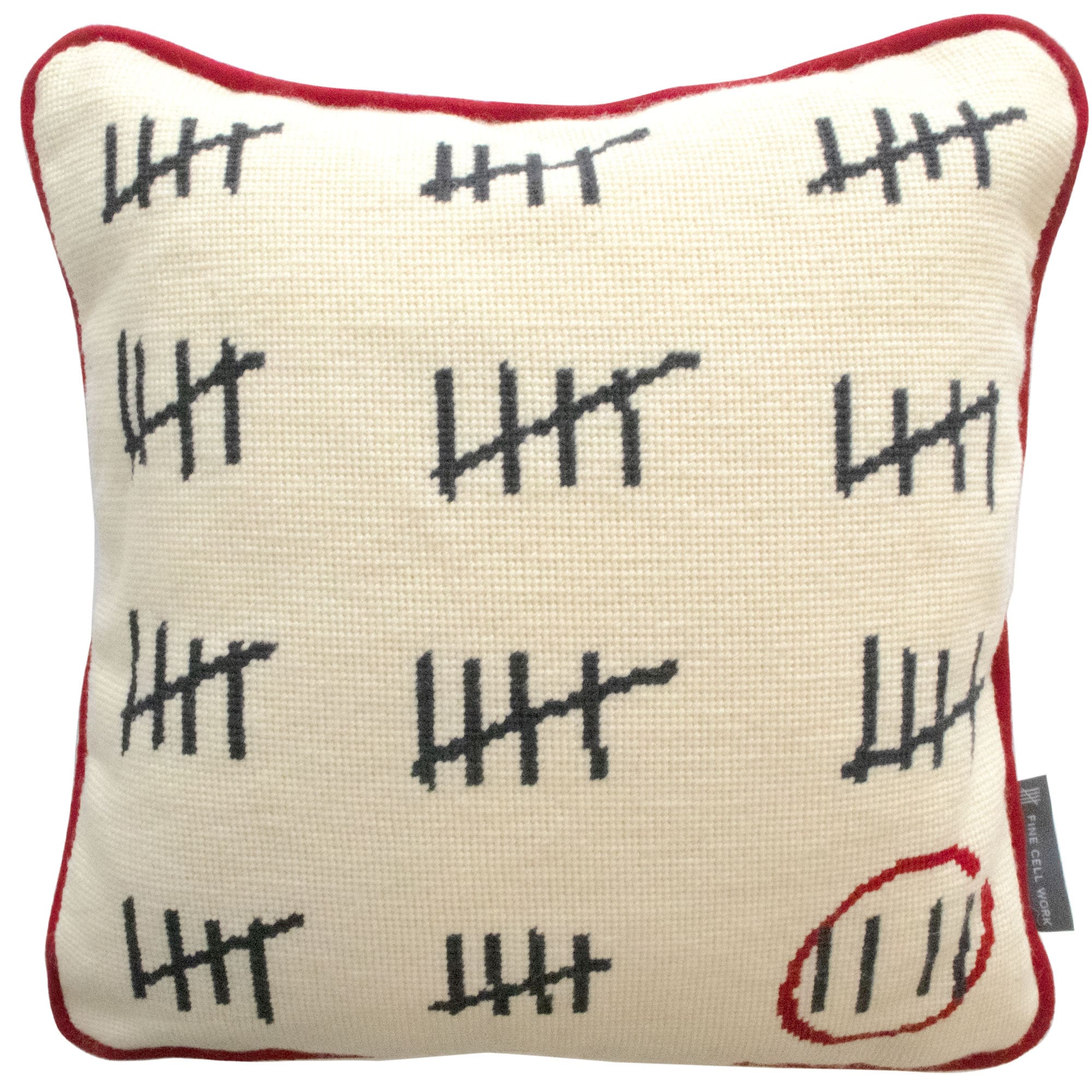Prison Calendar Wool Needlepoint Cushion AA Gill Handmade in Prison Red Cream Black