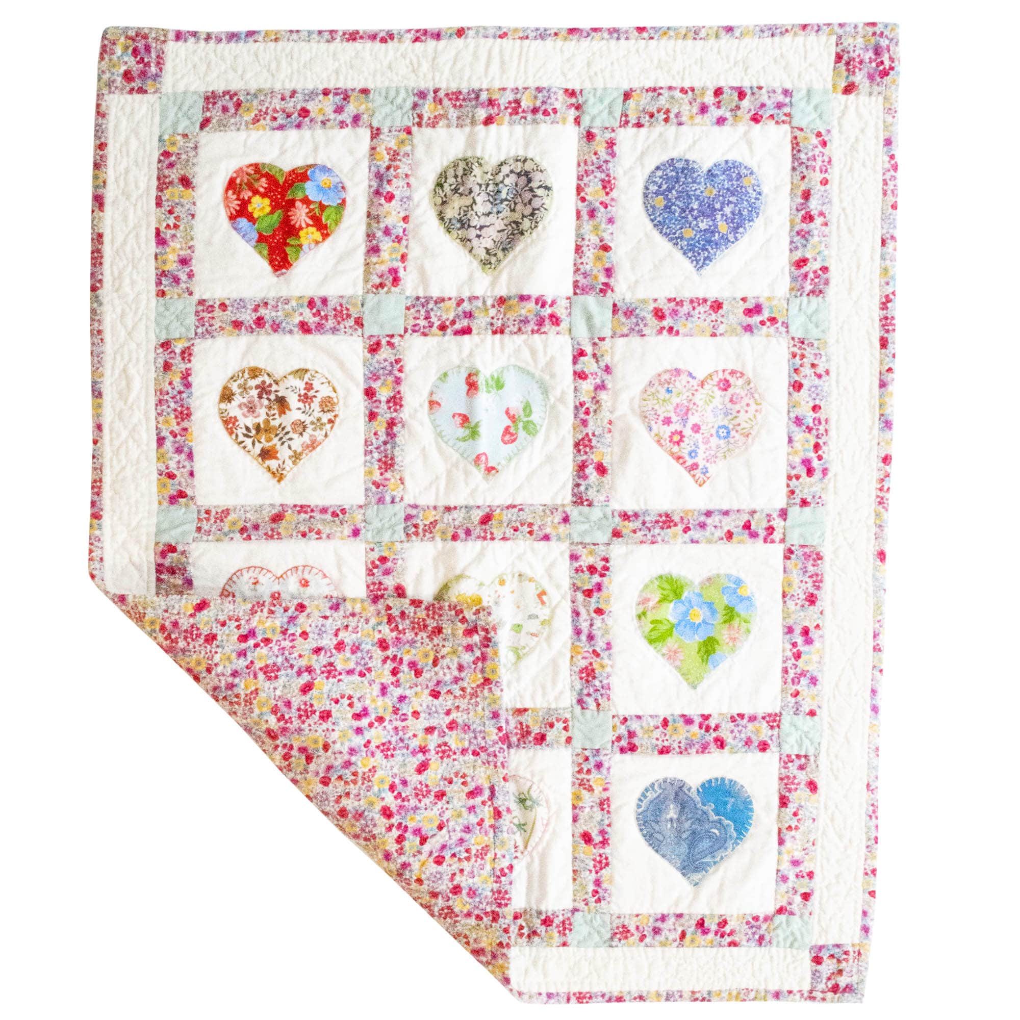 Fine Cell Work Childrens Handmade Quilt Pink Floral Hearts Unique Birth Christening Christmas Present Gift