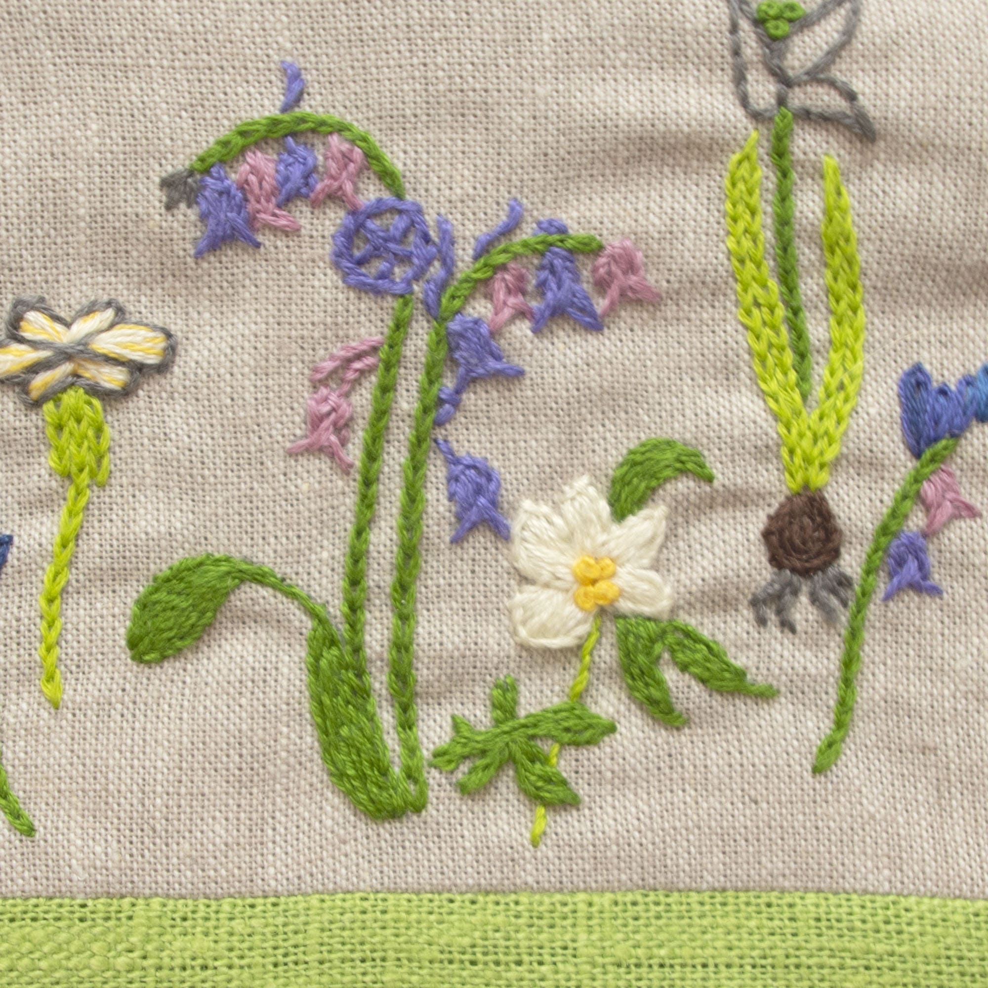 Fine Cell Work Hand-Embroidered Plantlife Linen Purse Floral Insects Green Grey Purple Handmade in Prison