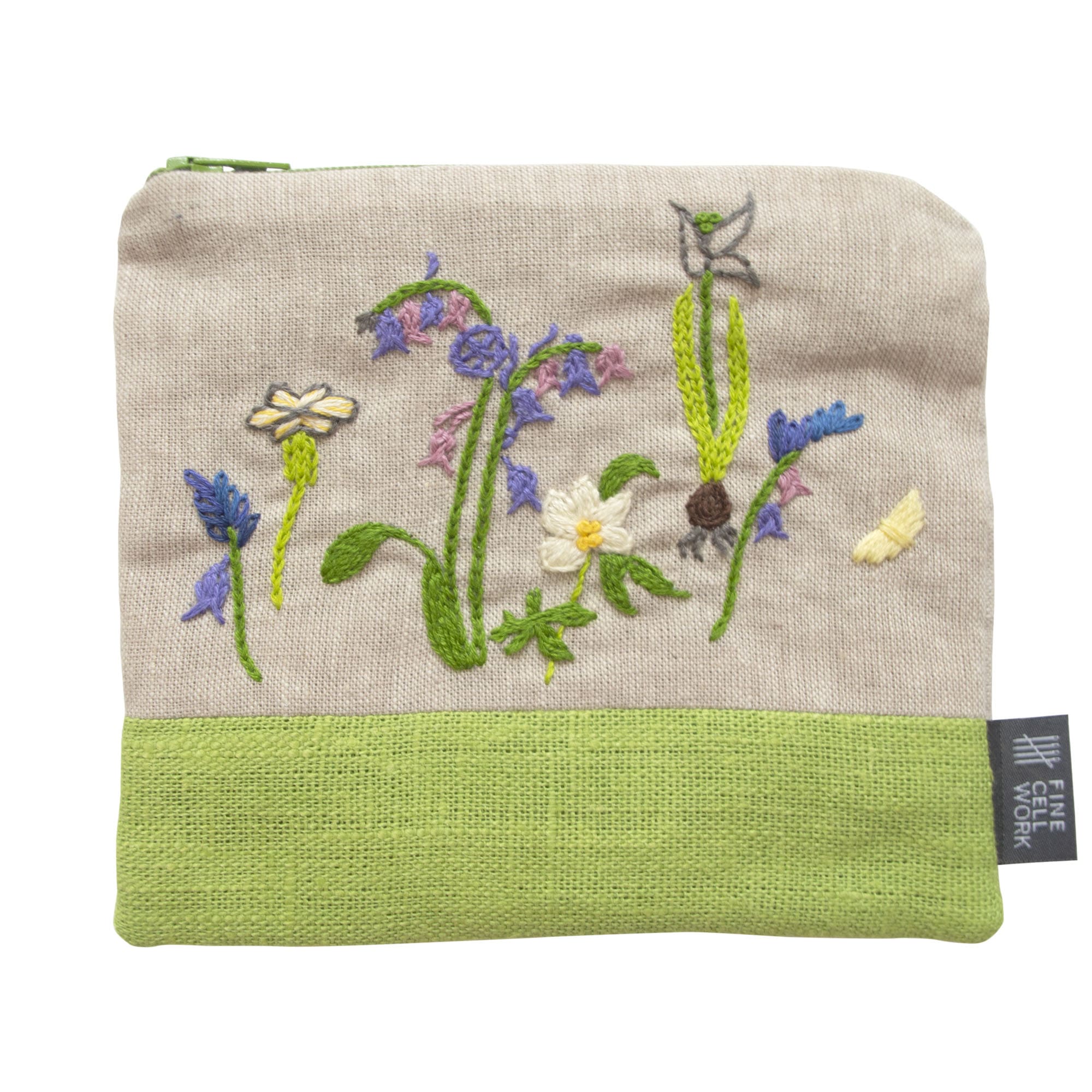 Fine Cell Work Hand-Embroidered Plantlife Linen Purse Floral Insects Green Grey Purple Handmade in Prison