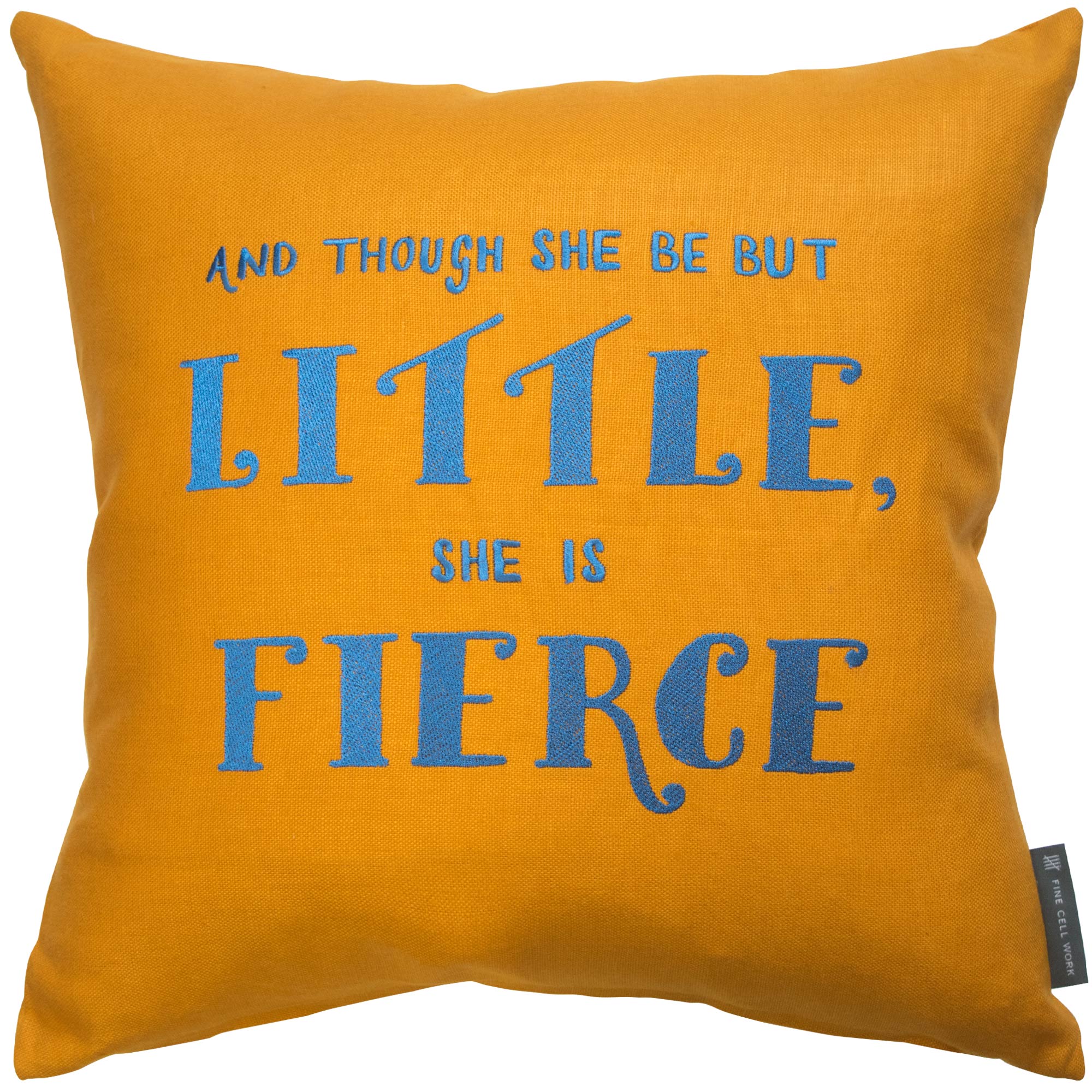 Fine Cell Work Felicity Kendall Shakespeare Midnight Summer's Dream 'Though she be but little, she is fierce' Embroidered Cushion Mustard Yellow Blue