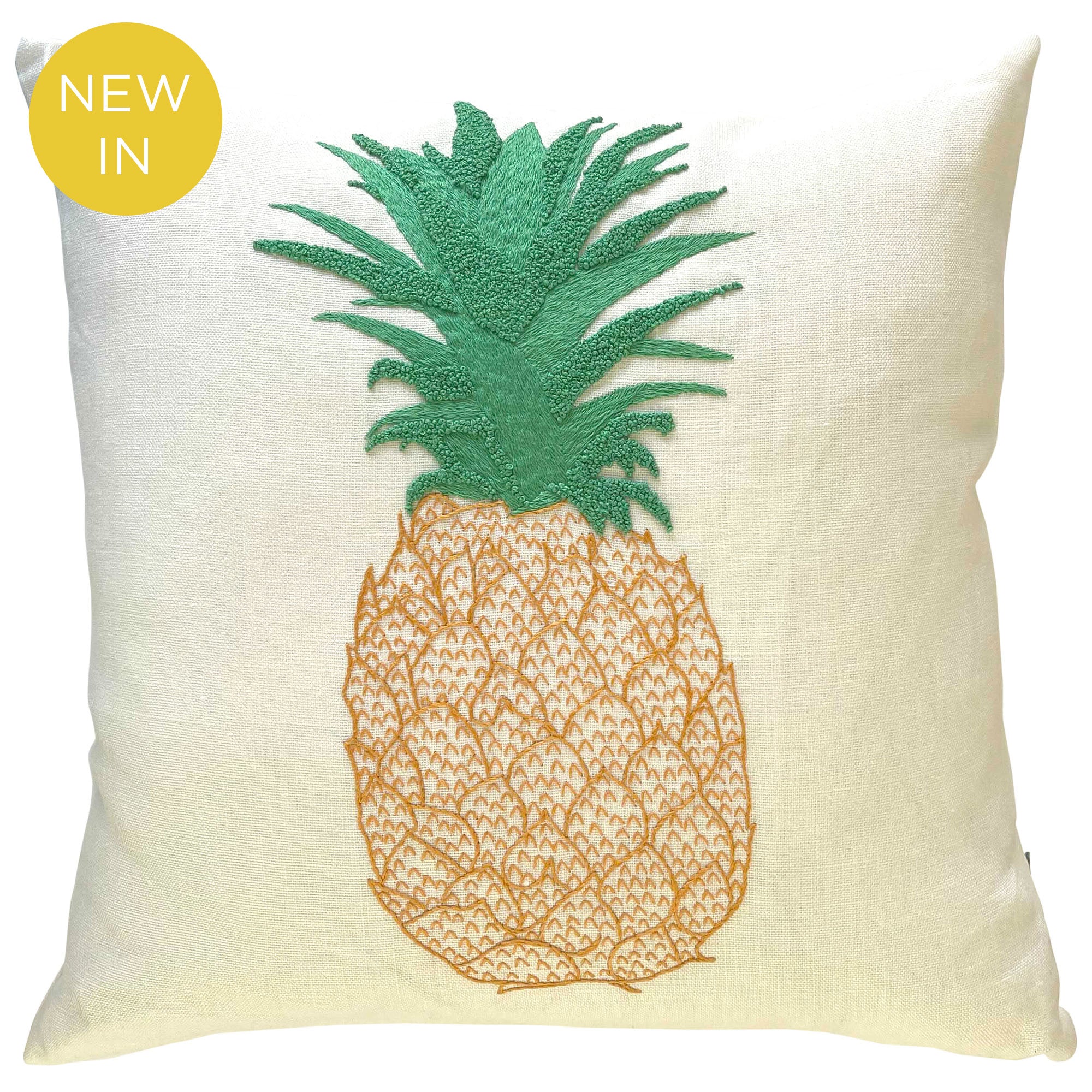 Pineapple Embroidered Cushion Yellow and Green on Cream