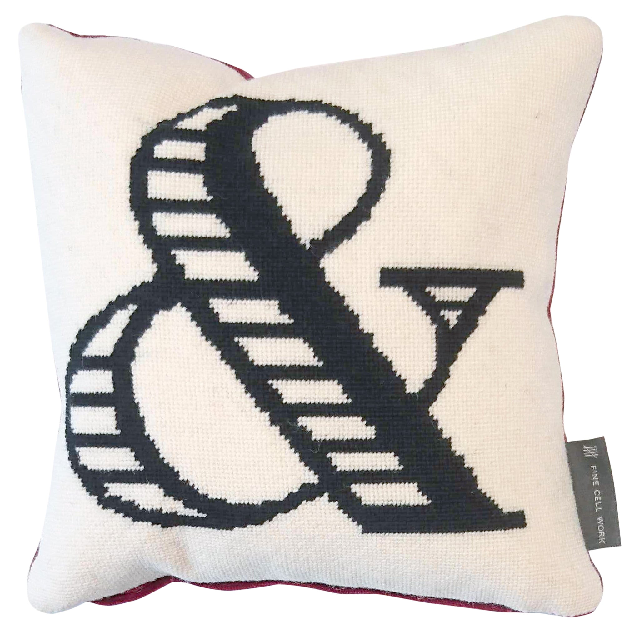 Fine Cell Work & Monogram Handmade Cream Black Red Wool Linen Cushion