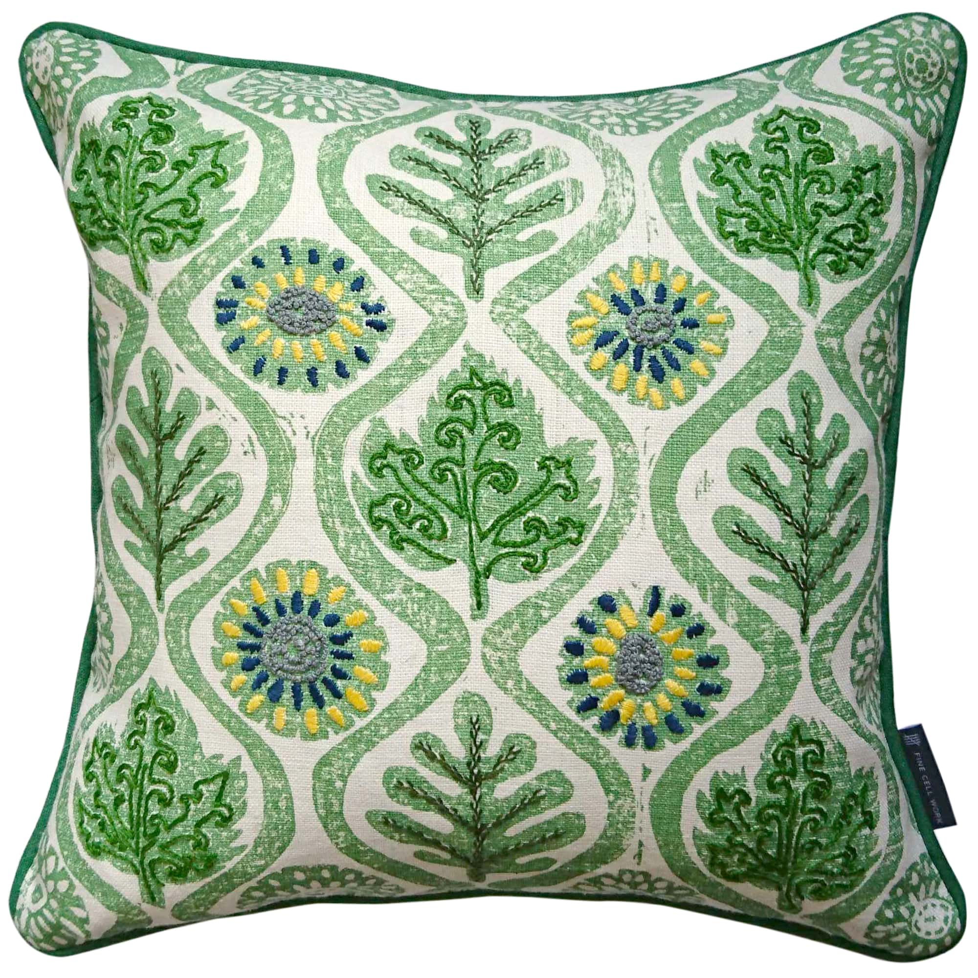 Fine Cell Work Hand-Embroidered Blithfield Kit Kemp Peggy Angus Oakleaves Irish Linen Cushion Yellow Leaf Green Handmade in Prison