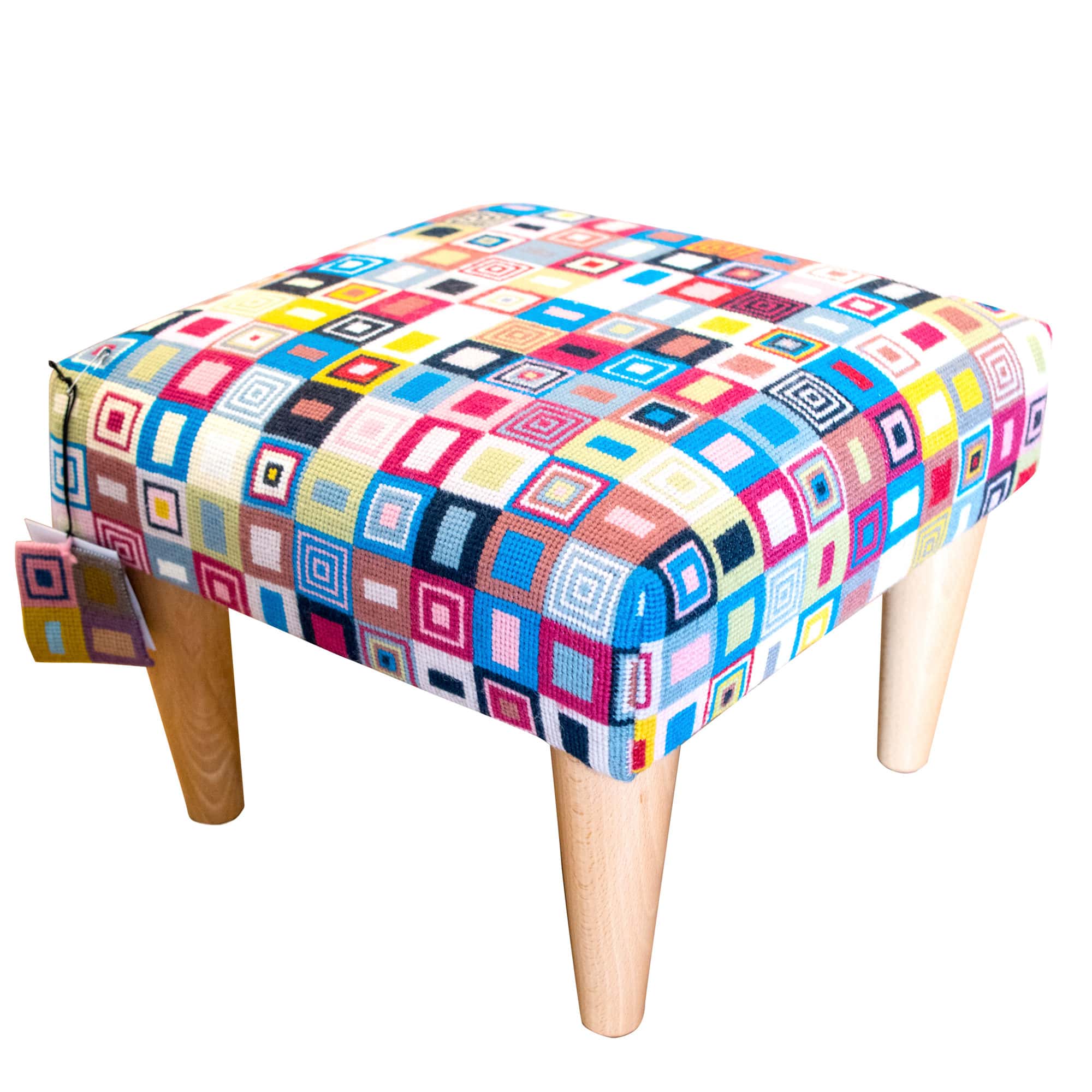 Geometric Needlepoint Footstool Hand Stitched Embroidery Fine Cell Work