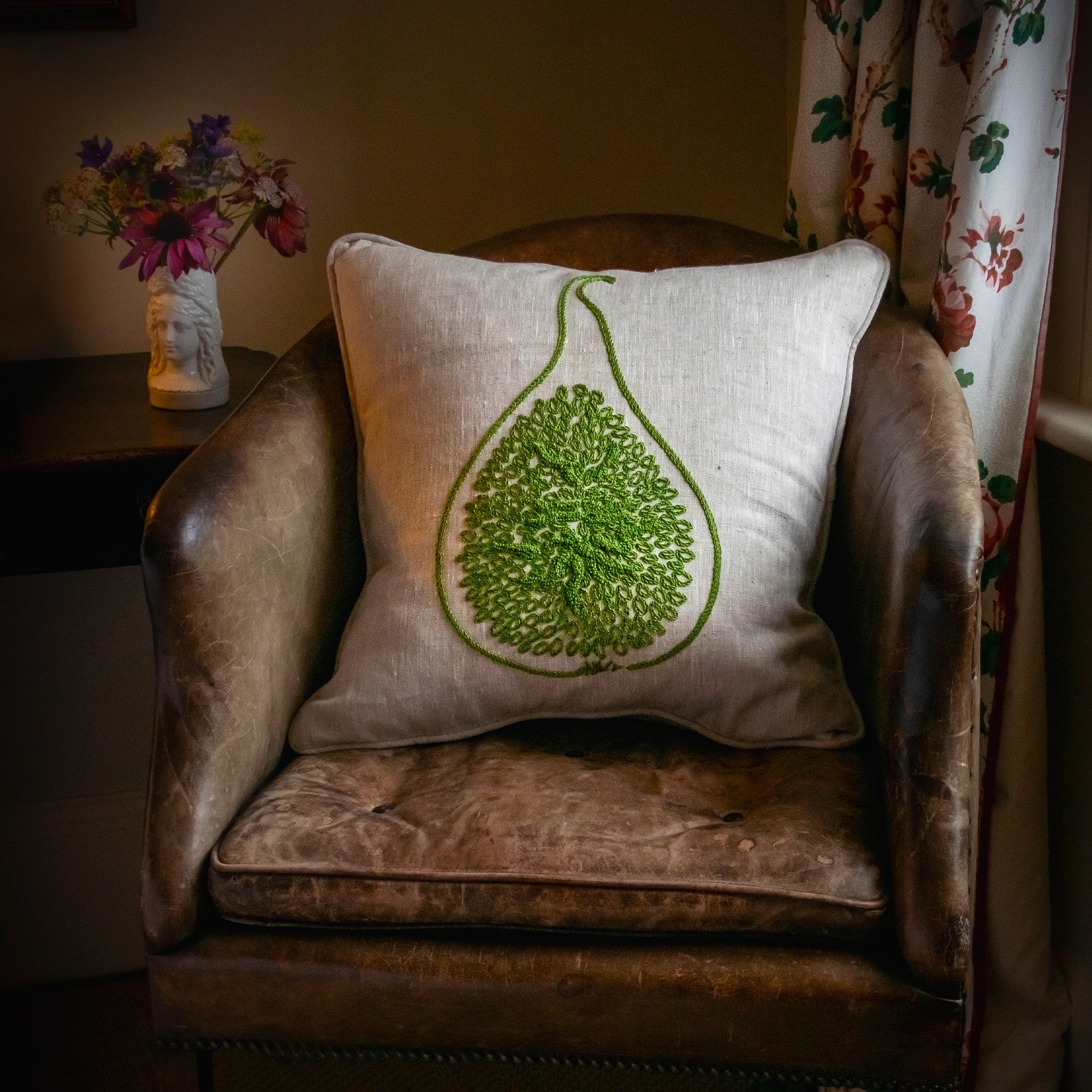 Fig Hand-Embroidered Linen Cushion Green