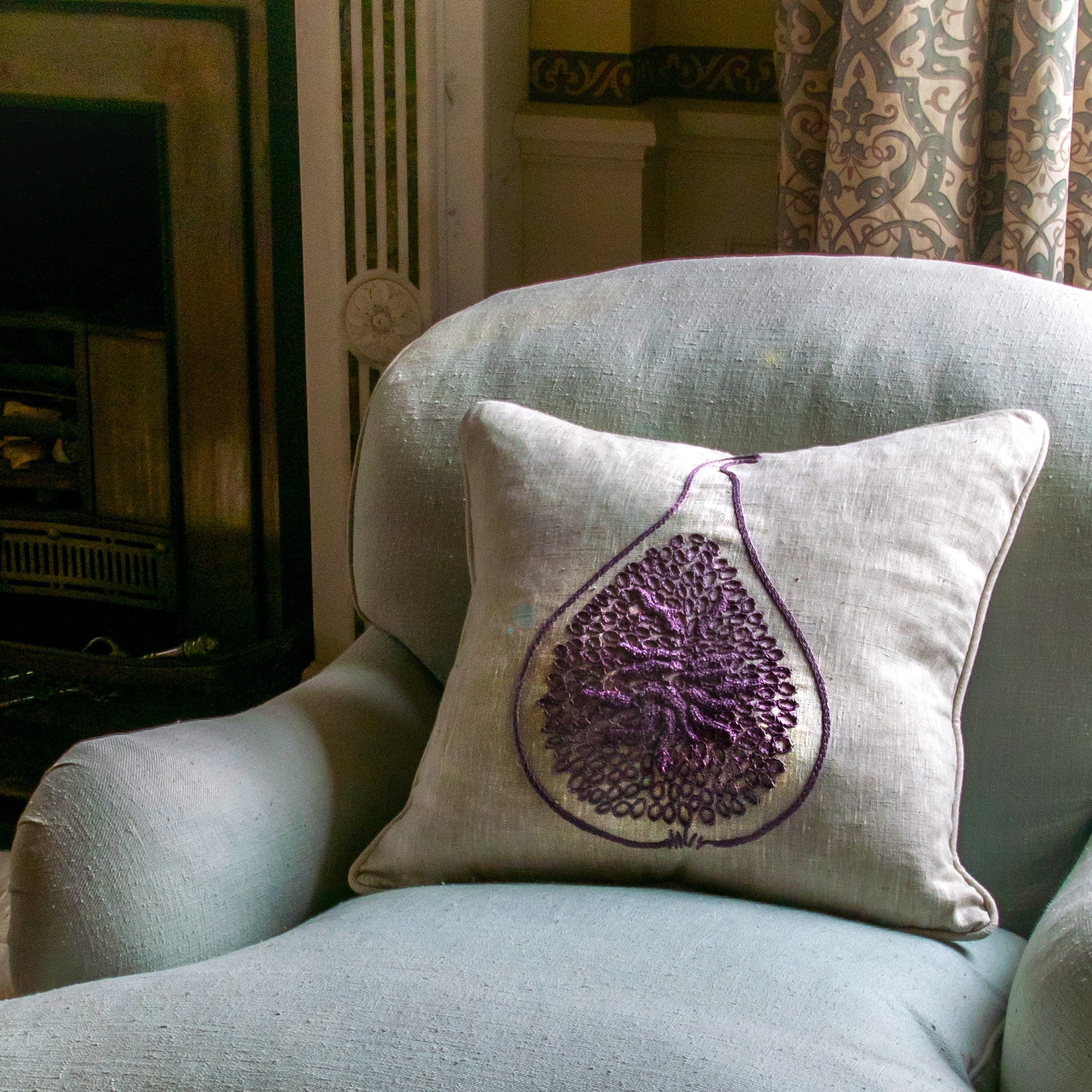Fig Hand-Embroidered Linen Cushion Purple