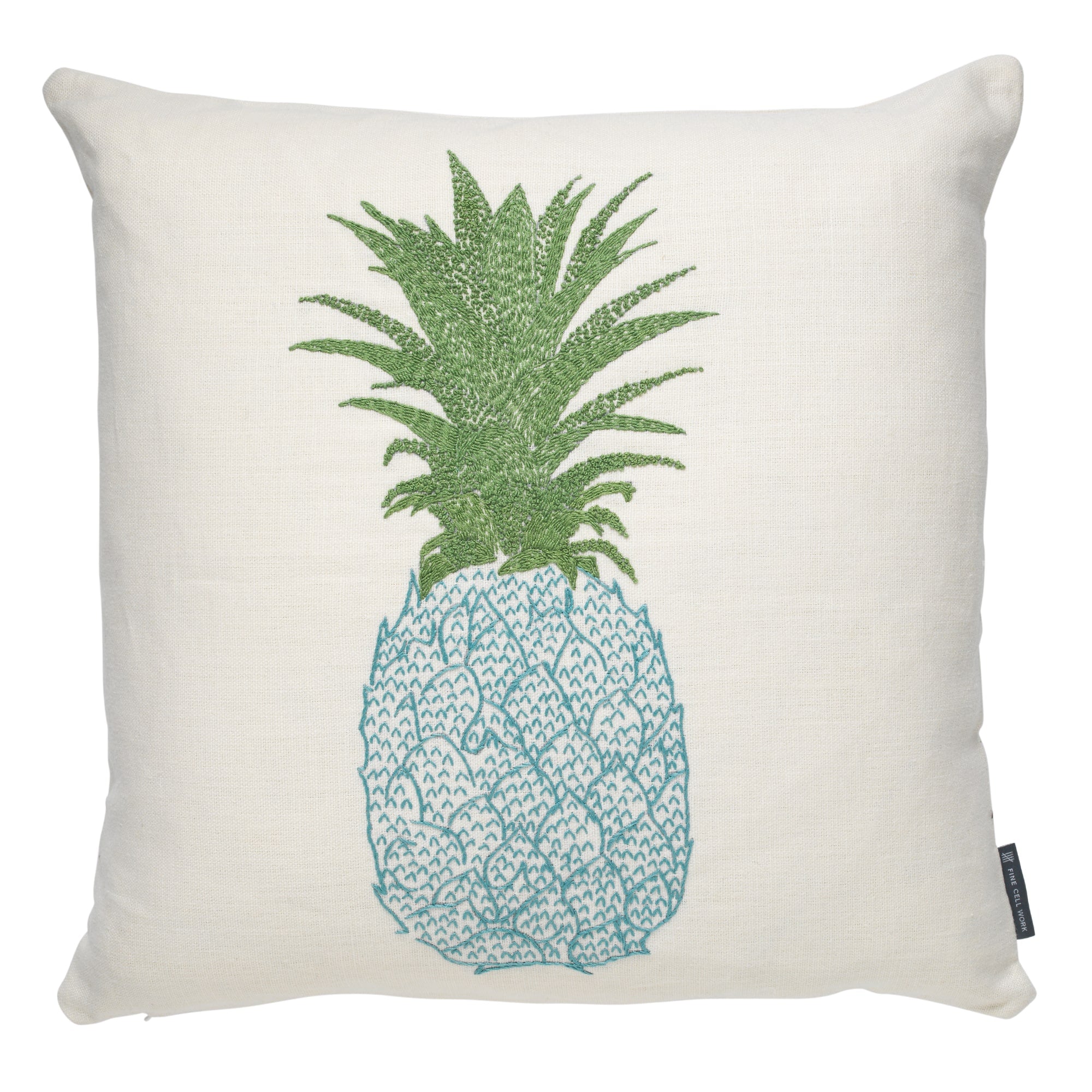 Pineapple Embroidered Cushion Blue and Green on Cream