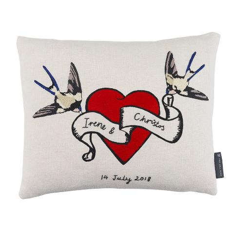 Customised Hearts and Birds Embroidered Cushion Tattoo Inspired Vintage Design Karen Nicol Fine Cell Work