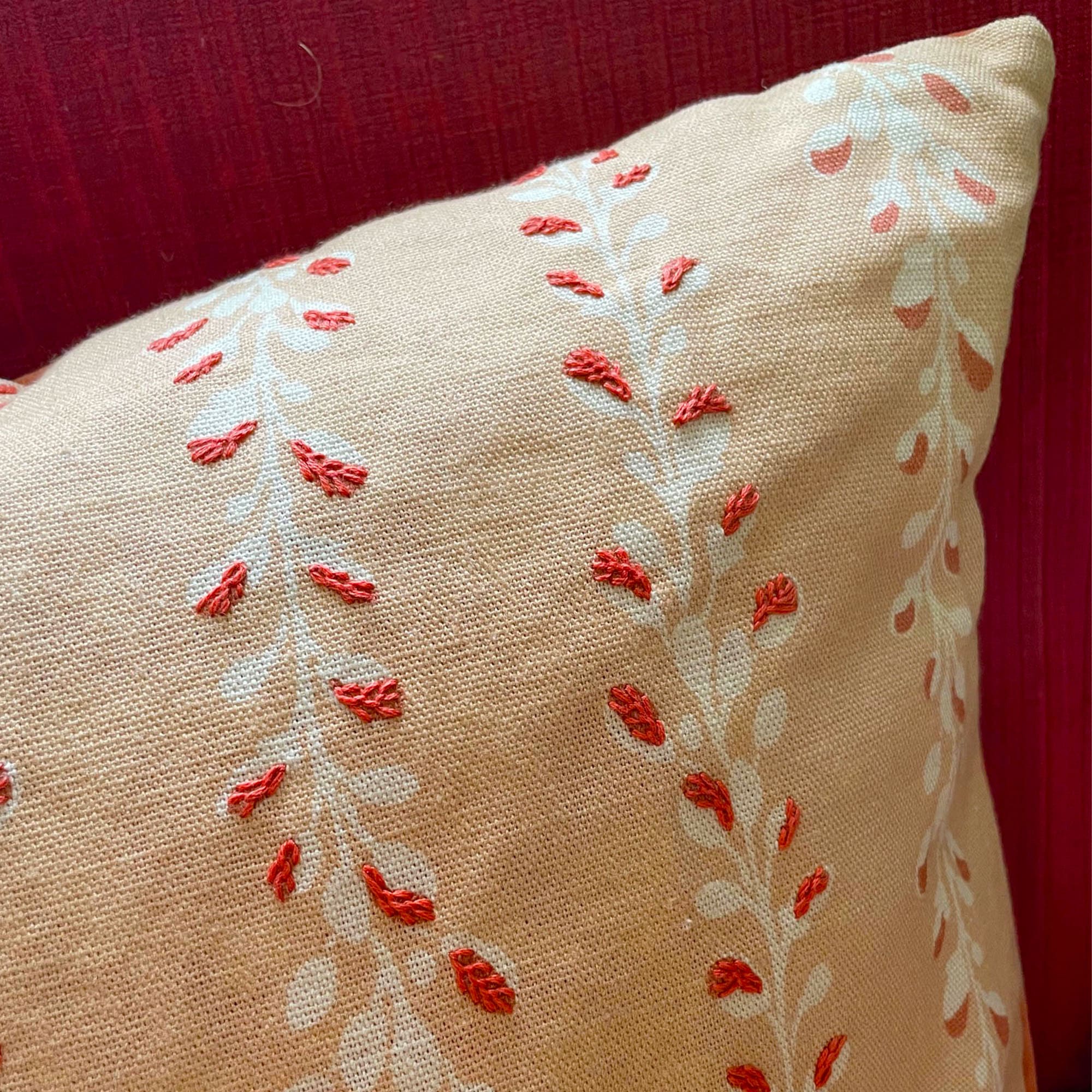 Joy of Print Lupin Ribbon Embroidered Cushion Coral