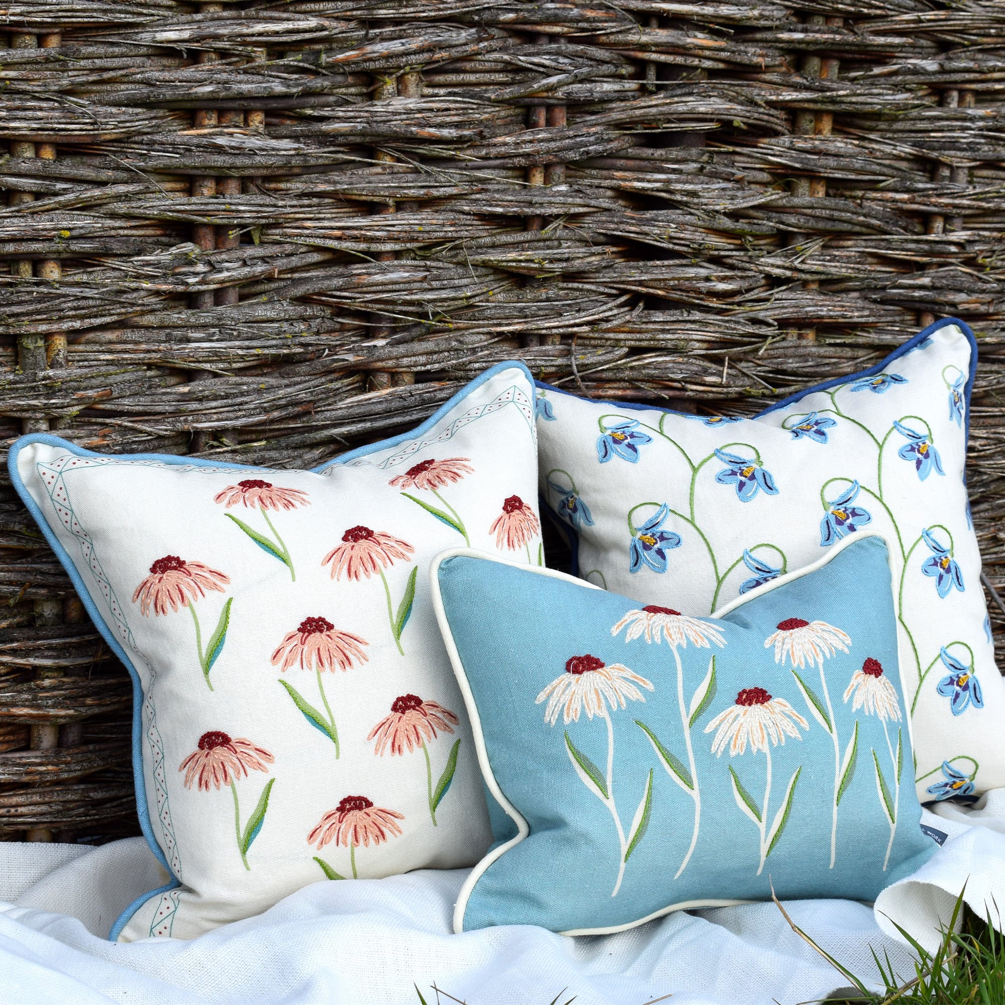 Joy of Print Echinacea Daisies Embroidered Cushion Blue