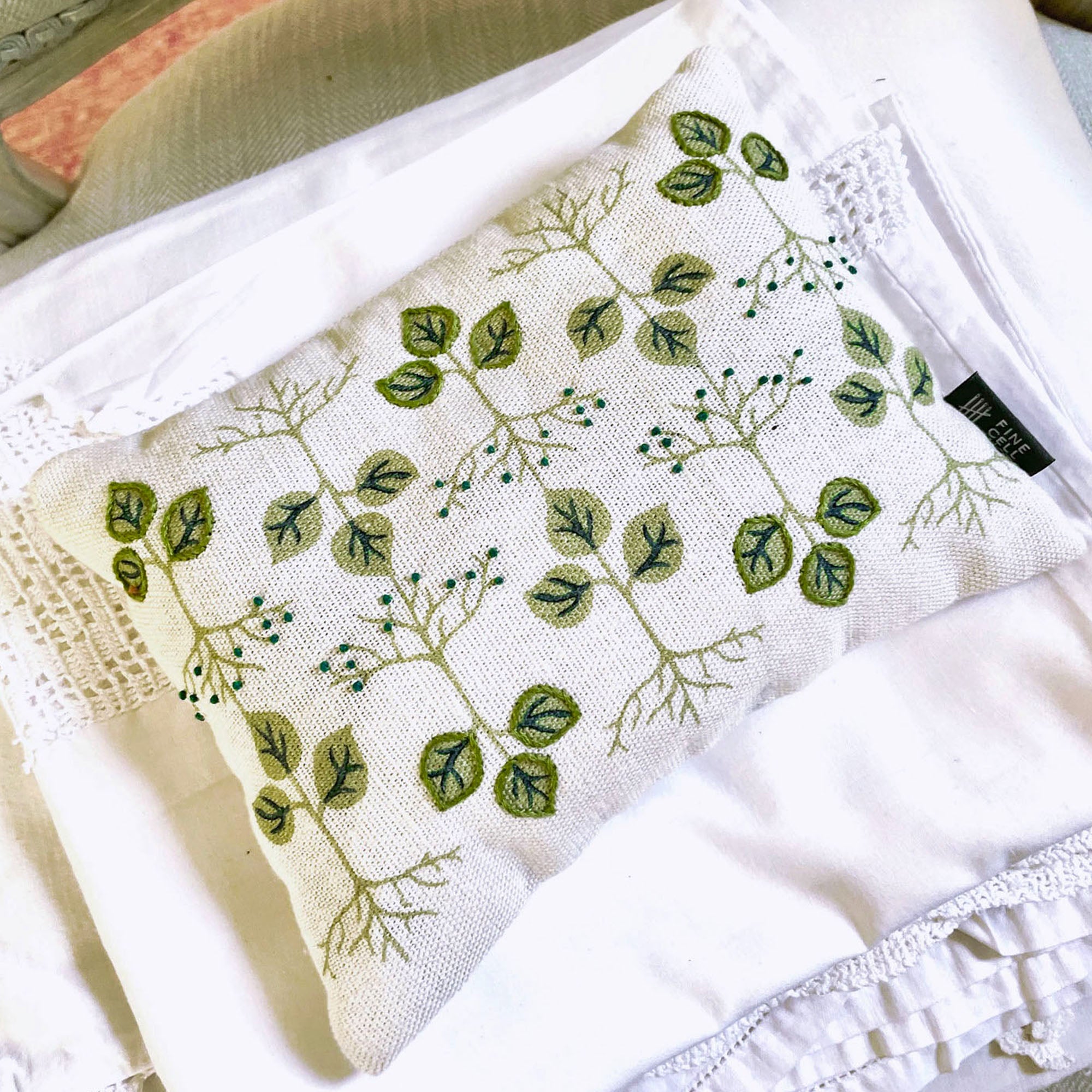 Joy of Print Green Sprigs Embroidered Lavender Bag