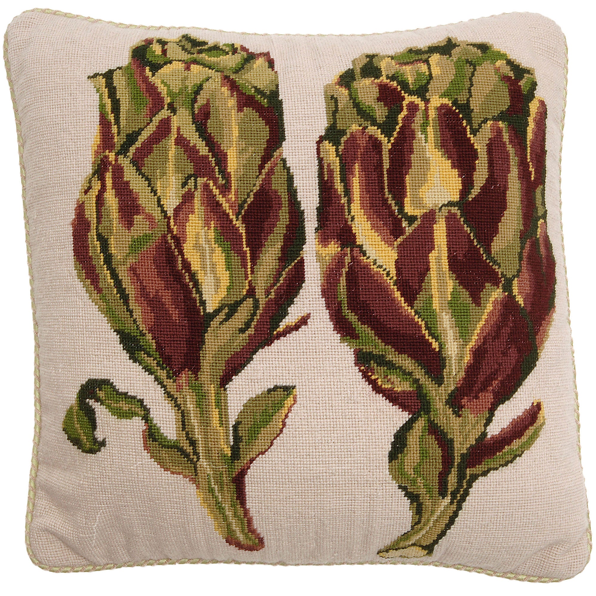 Square needlepoint cushion featuring two artichokes in green and brown on a cream background and cream piping.