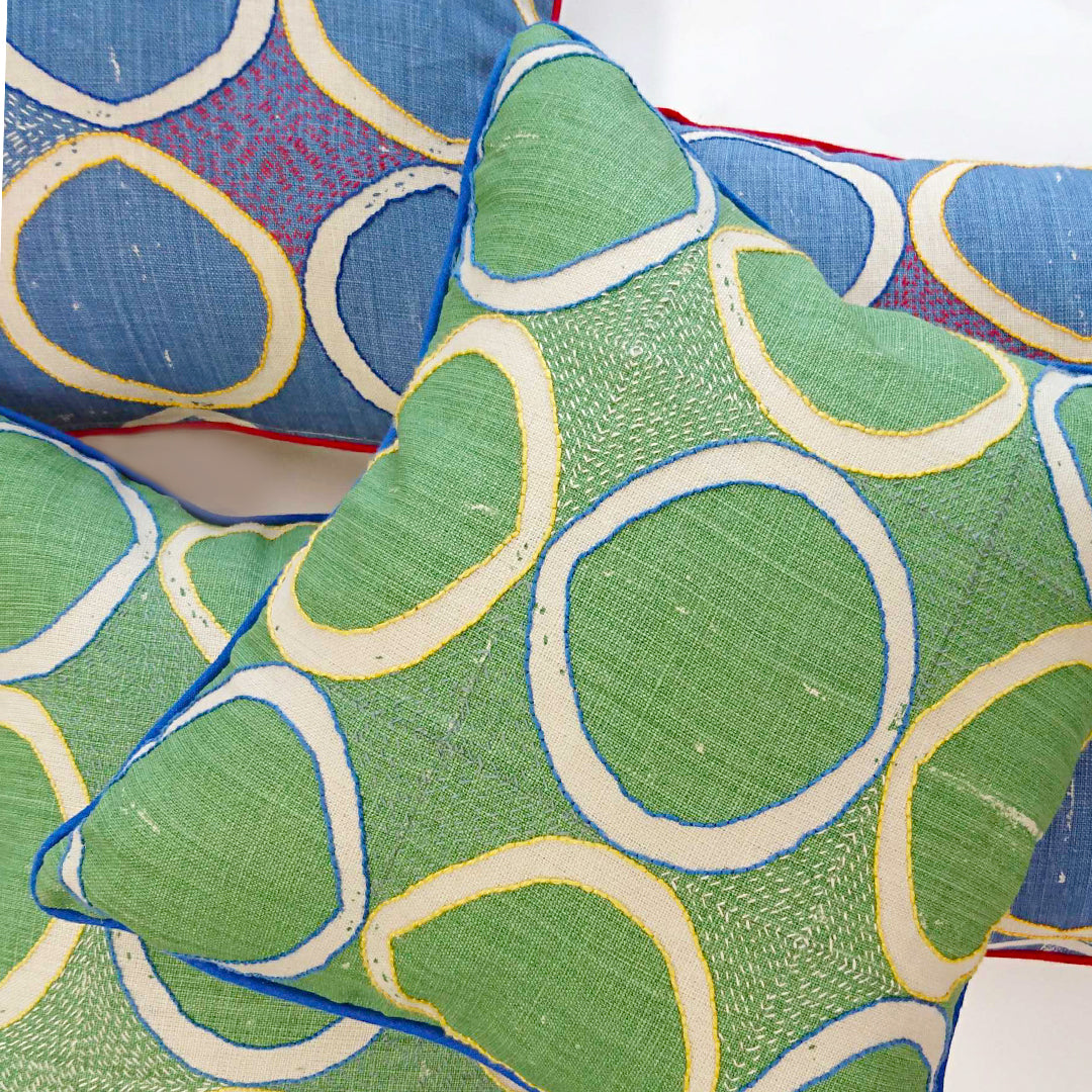 Fine Cell Work Hand-Embroidered Blithfield Kit Kemp Peggy Angus Circles Linen Cushion Blue Green Handmade in Prison