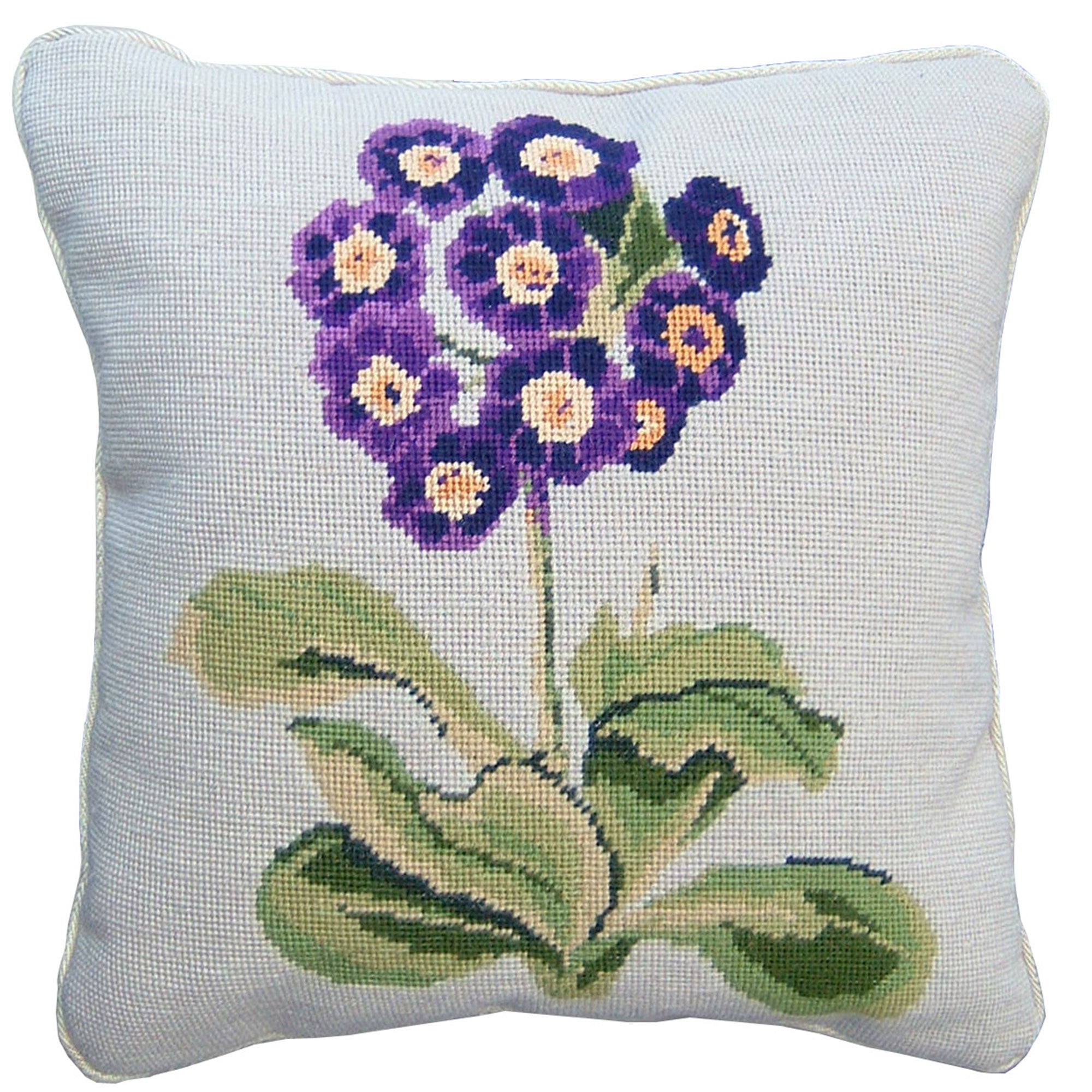 Handmade needlepoint cushion with purple auricula flower on cream background