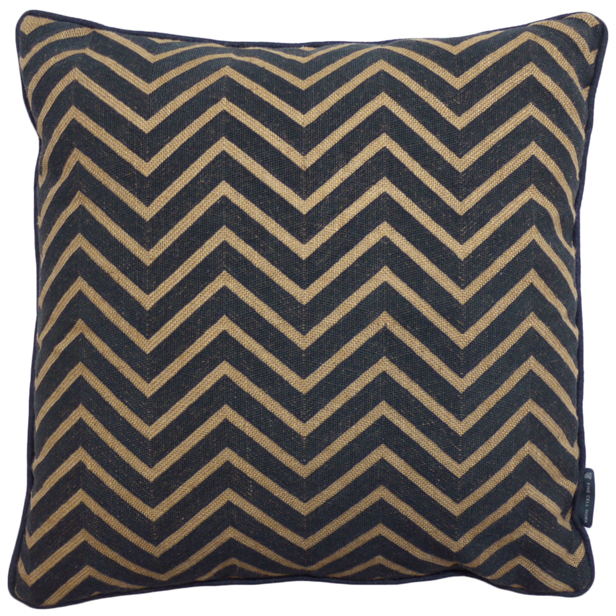 Hand stitched charcoal dark grey zig-zag chevron pattern on neutral hessian canvas. Finished as a 20x20" cushion, piped in matching grey.