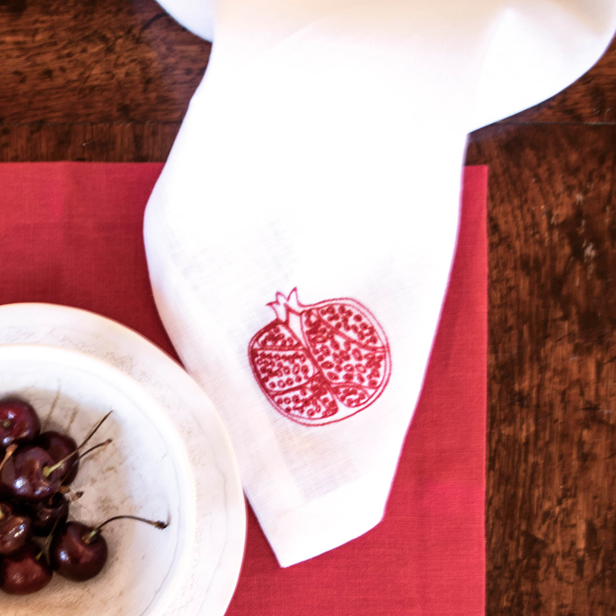 Set of 4 Pomegranate Linen Table Napkins Red Embroidered Fine Cell Work