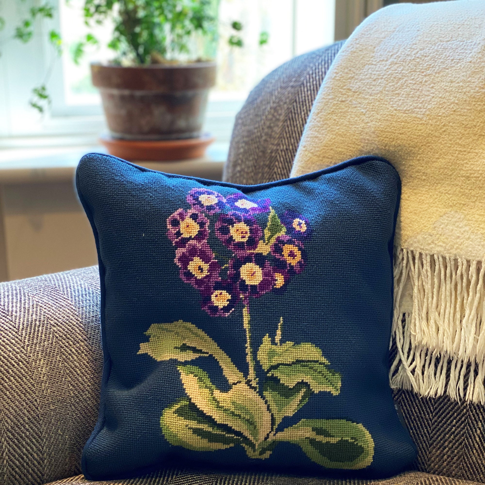 Auricula Flower Needlepoint Cushion Purple on Navy