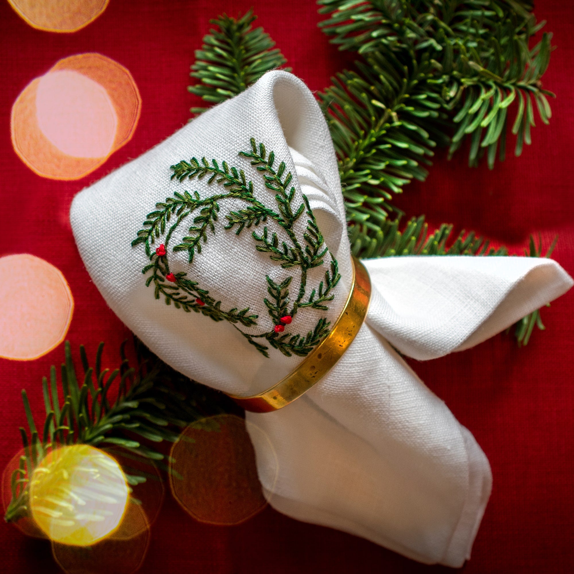 Set of 4 Hand-Embroidered Christmas Mistletoe and Wreath Linen Table Napkins